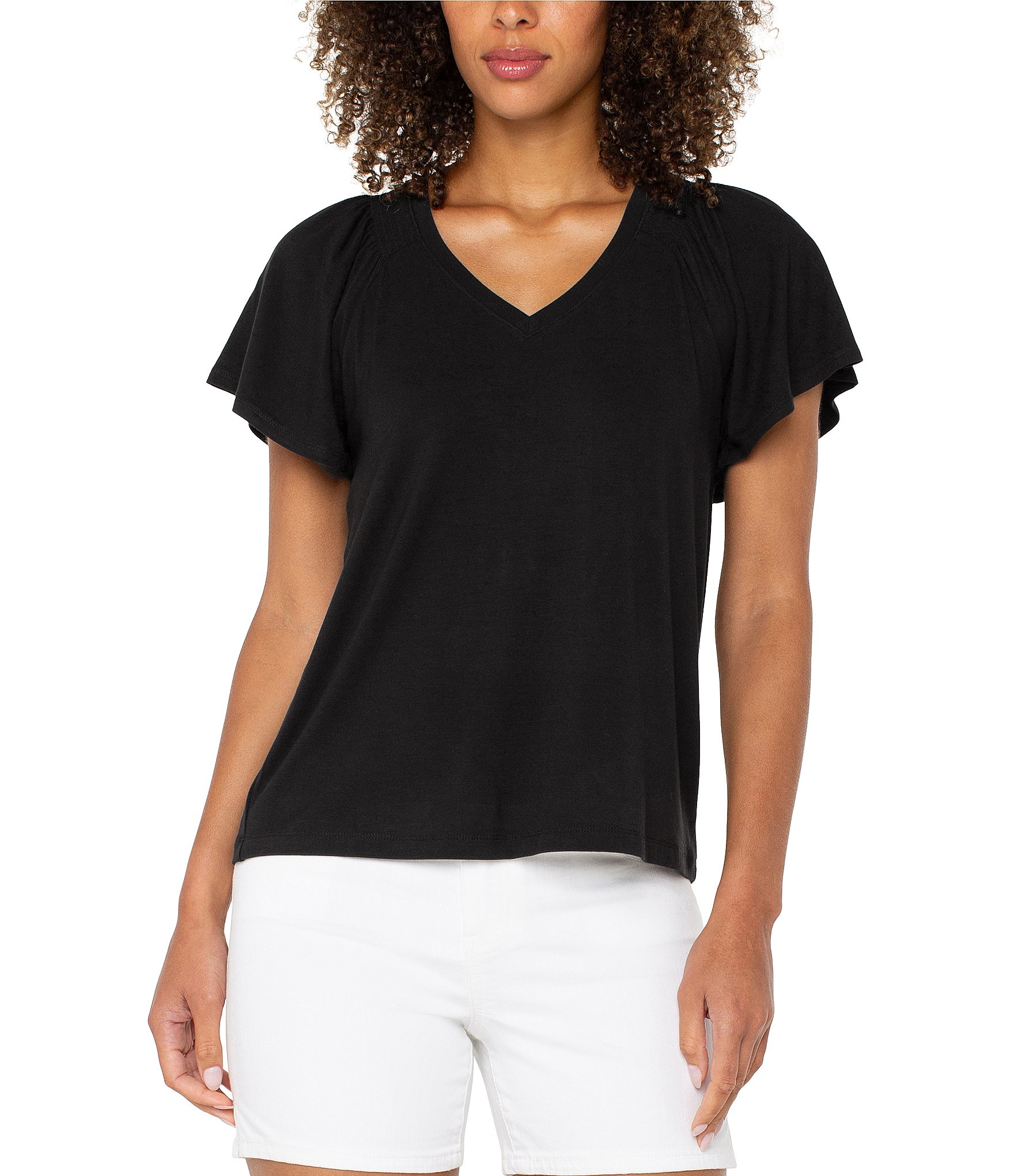 Liverpool Los Angeles Jersey Knit V-Neck Short Flutter Sleeve Shirred Top