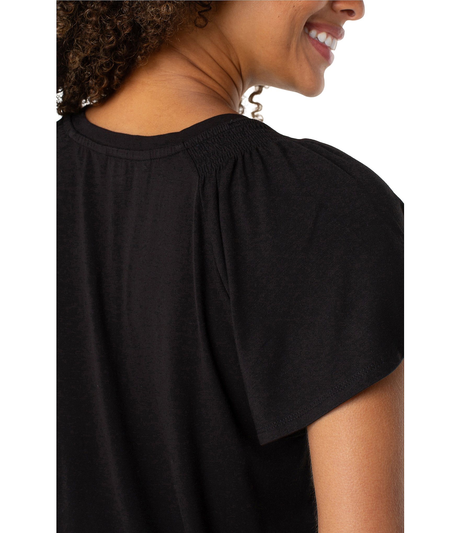 Liverpool Los Angeles Jersey Knit V-Neck Short Flutter Sleeve Shirred Top