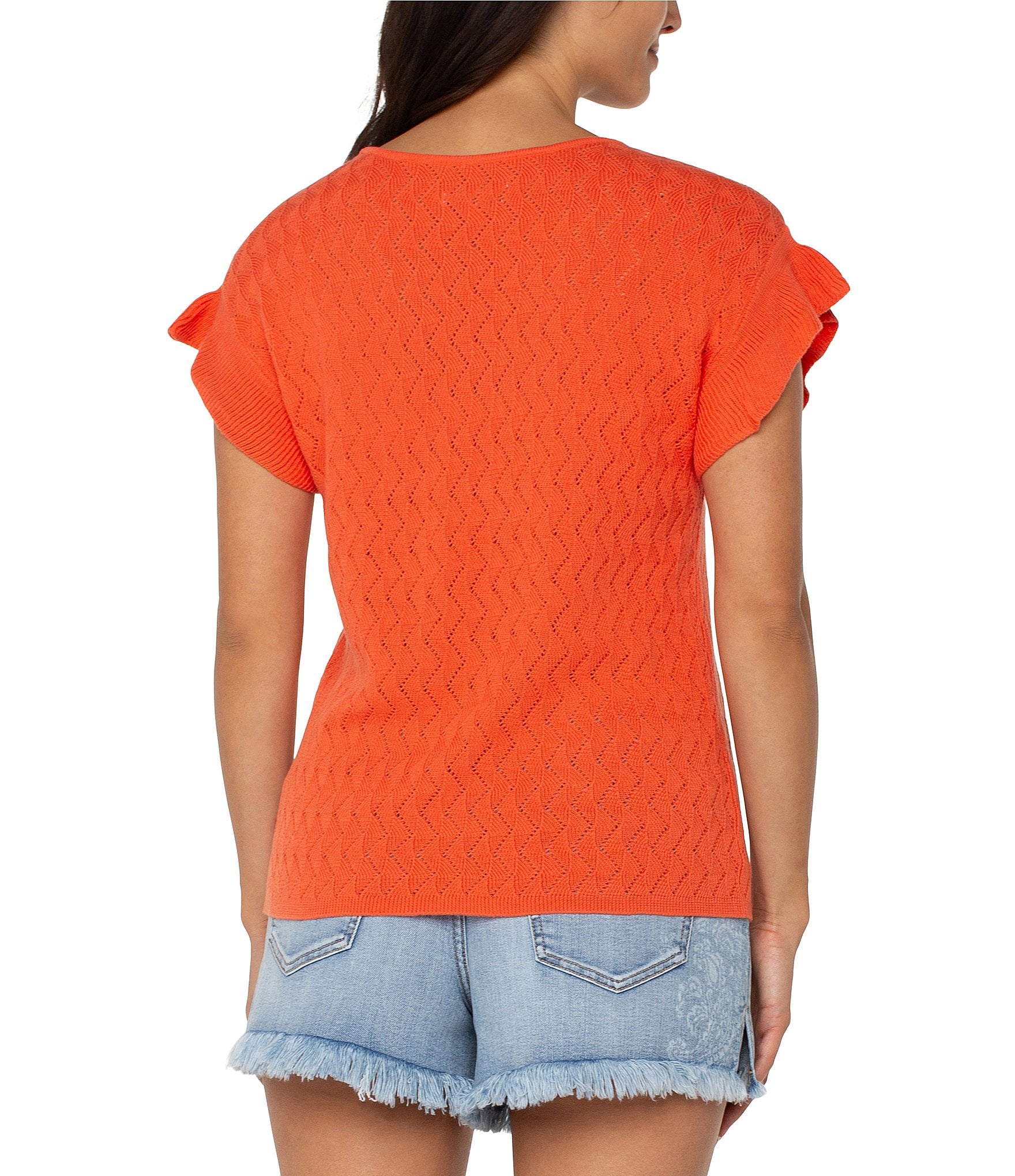 Liverpool Los Angeles Knit Geo Pointelle Short Flutter Sleeve Sweater