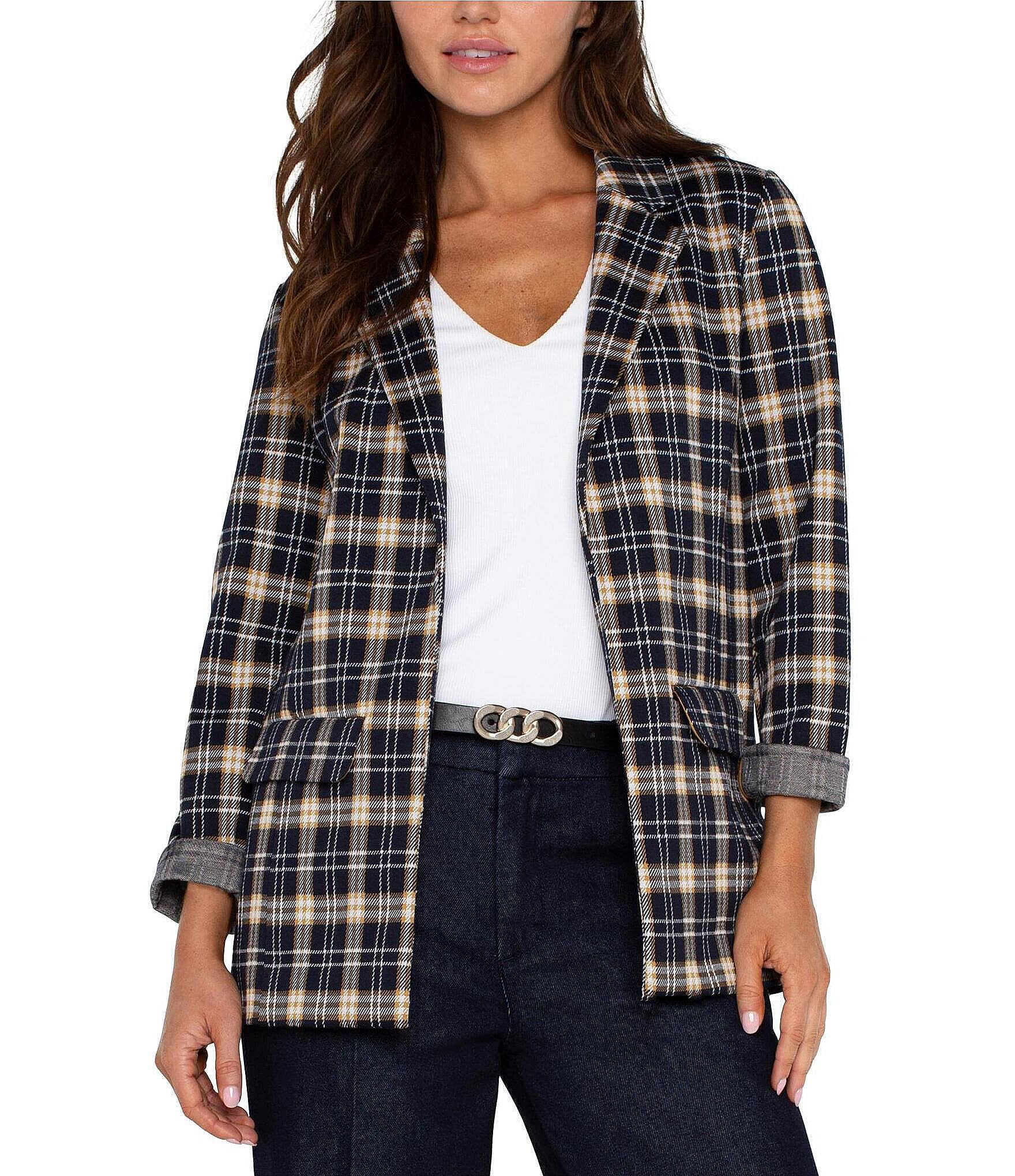 Liverpool Los Angeles Petite Size Jacquard Knit Tartan Plaid Notch Lapel Long Sleeve Open Front Boyfriend Blazer Dillard s