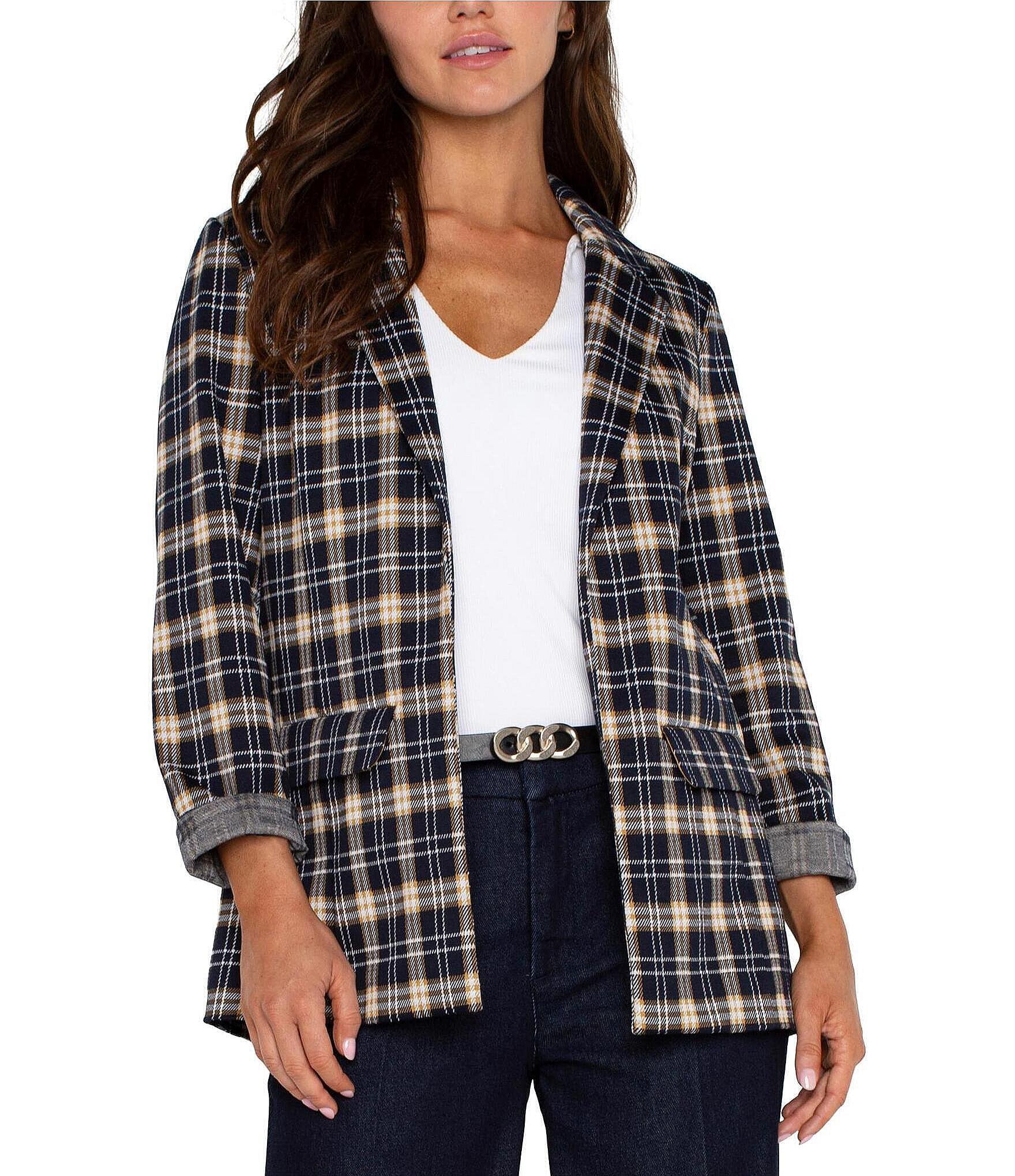 Liverpool Los Angeles Petite Size Jacquard Knit Tartan Plaid Notch Lapel Long Sleeve Open-Front Boyfriend Blazer