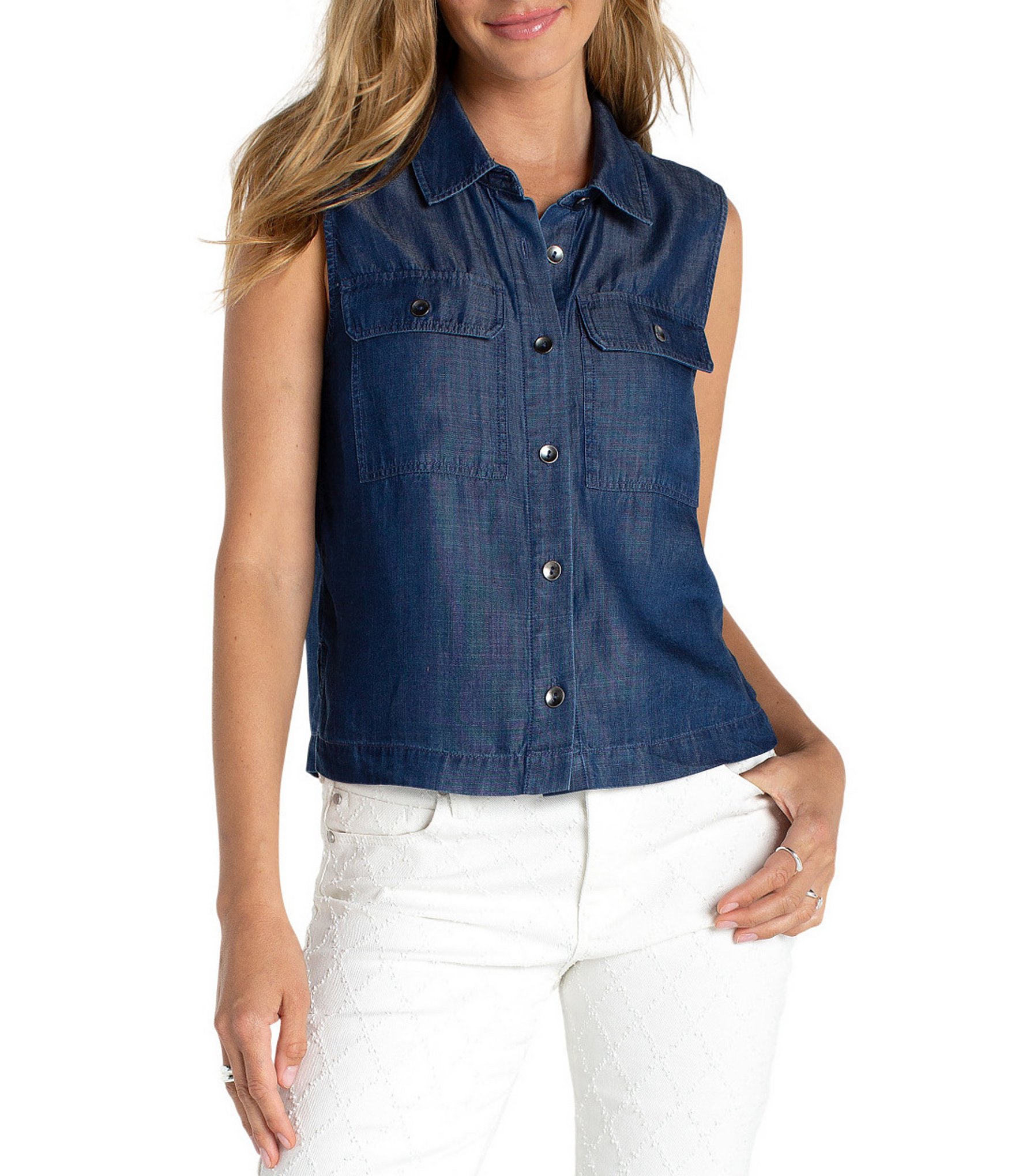 Liverpool Los Angeles Petite Size Lyocell Point Collar Sleeveless Button-Front Blouse