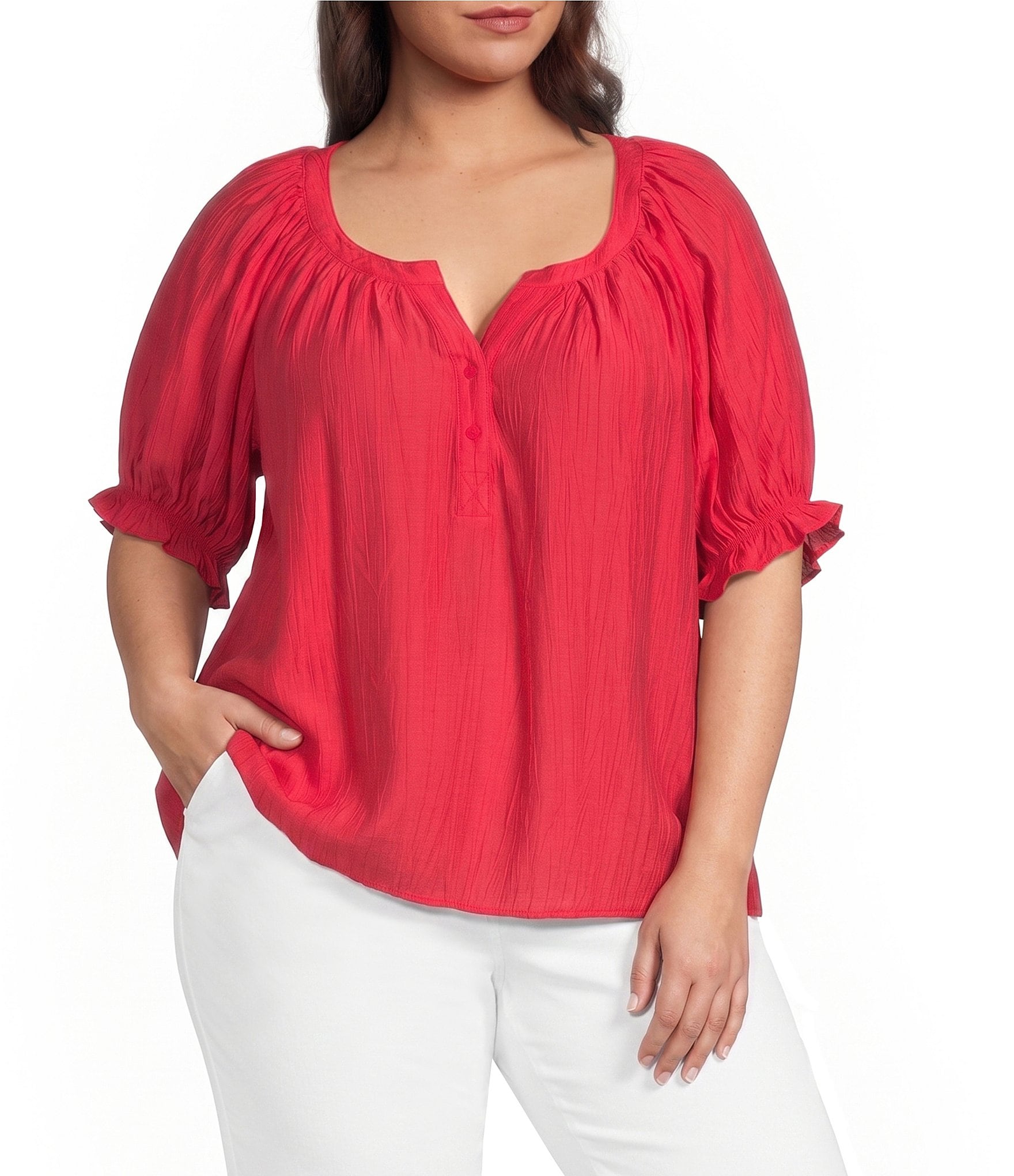 Liverpool Los Angeles Plus Size Crinkle Woven Split V-Neck Short Sleeve Blouse