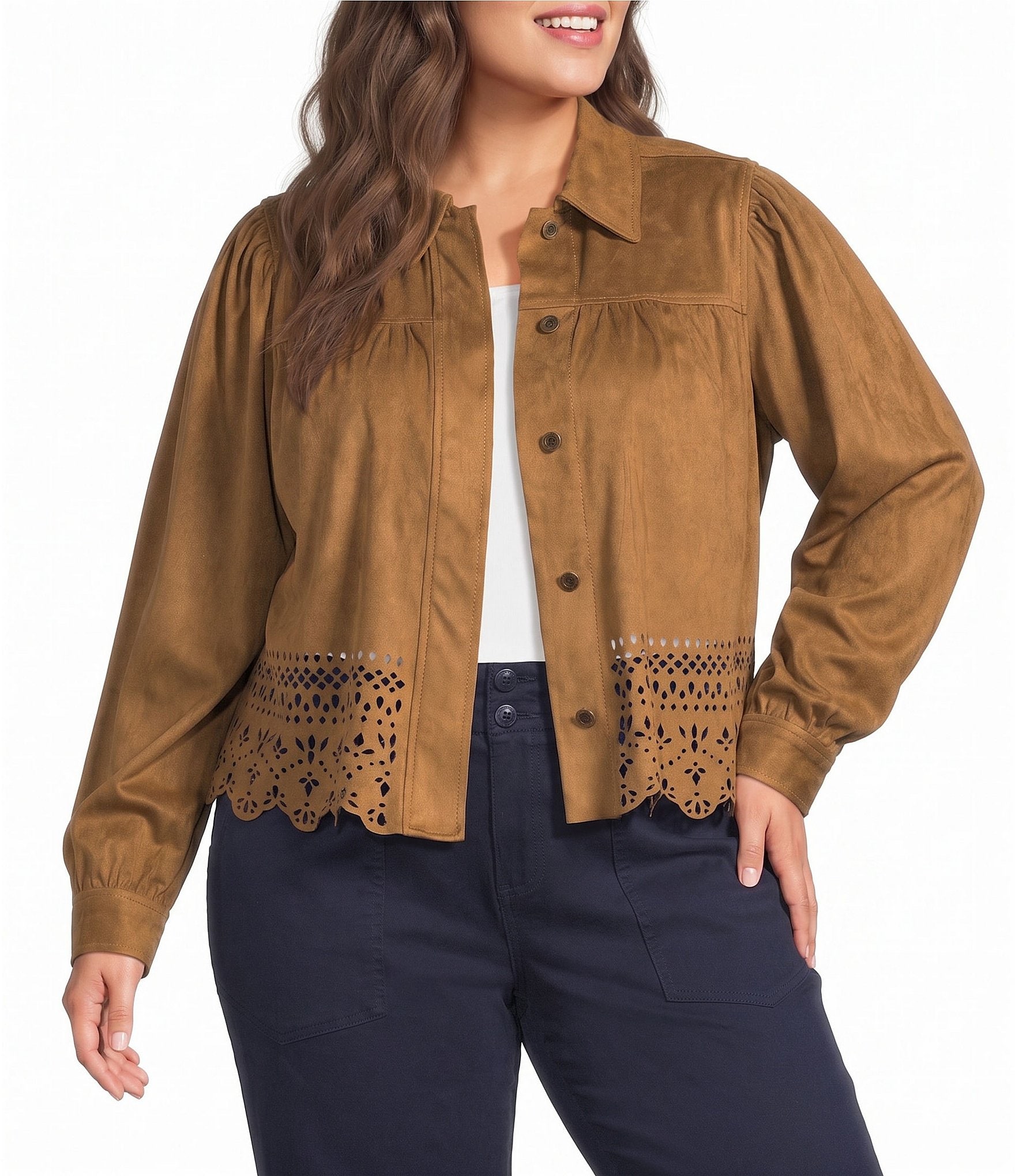 Liverpool Los Angeles Plus Size Faux Suede Point Collar Long Sleeve Laser Cut Hem Jacket