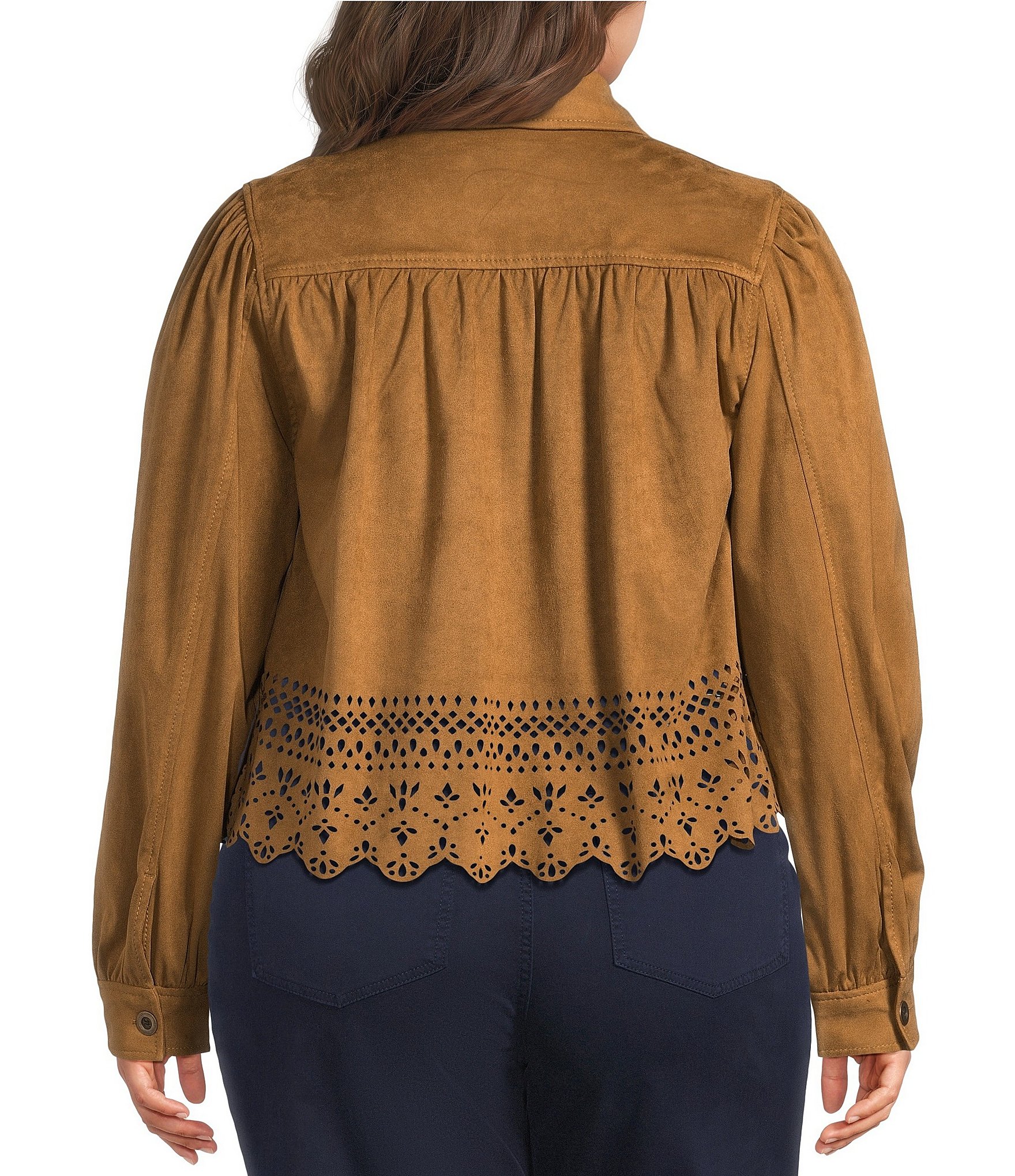 Liverpool Los Angeles Plus Size Faux Suede Point Collar Long Sleeve Laser Cut Hem Jacket
