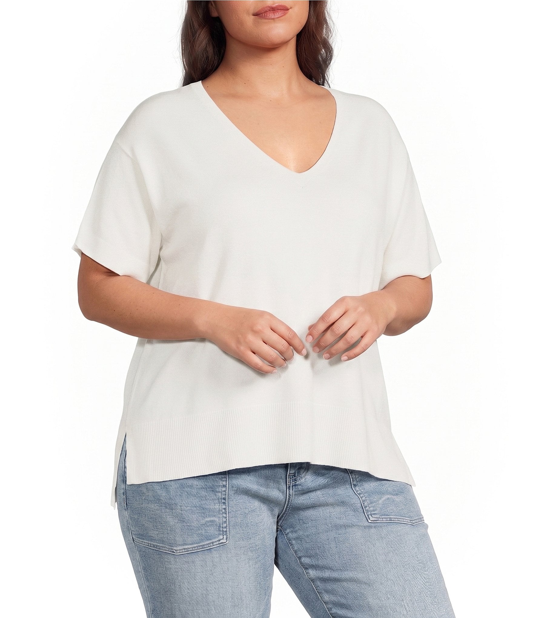 Liverpool Los Angeles Plus Size Knit Jersey V-Neck Short Dolman Sleeve Step Hem Sweater