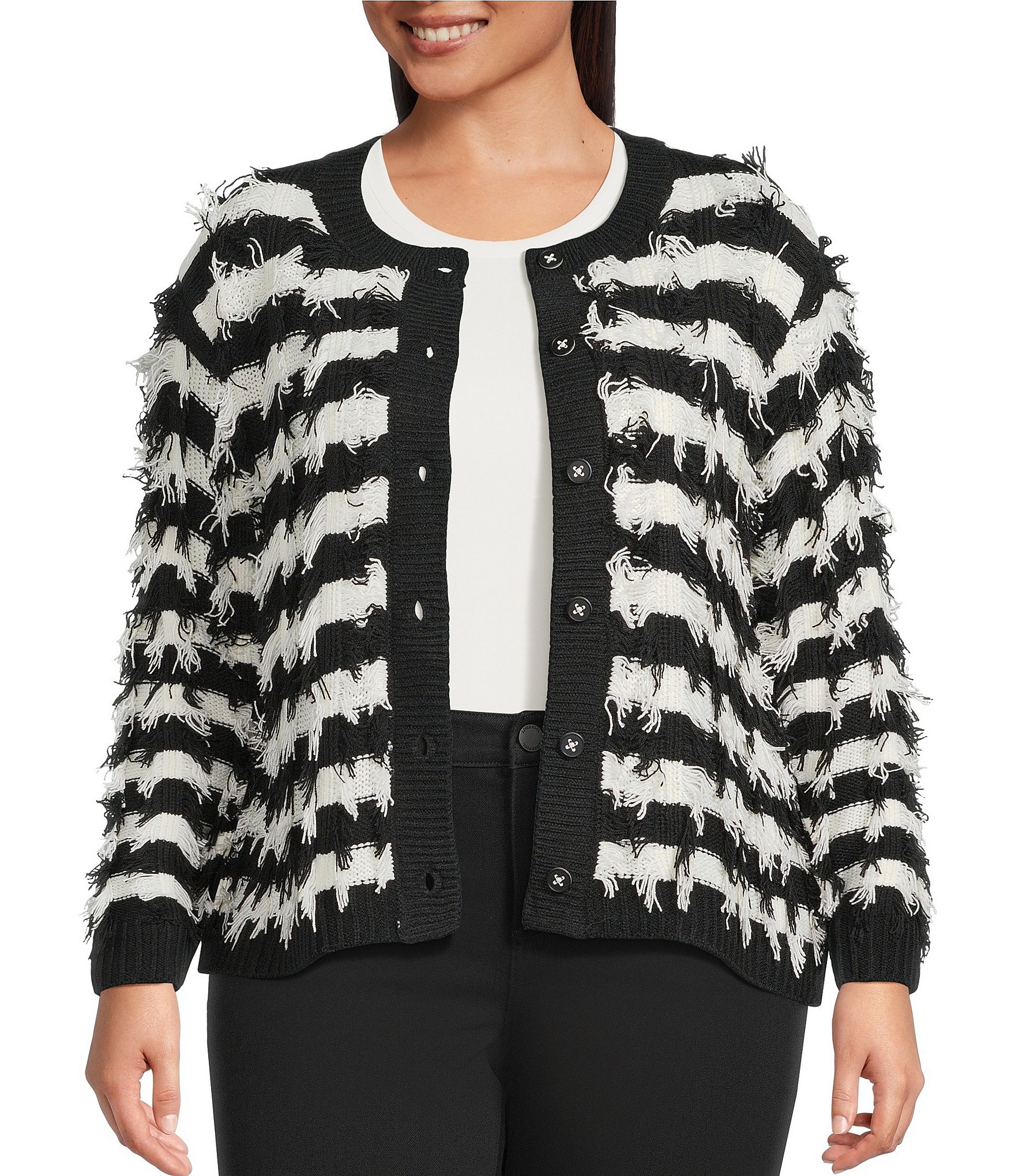 Liverpool Los Angeles Plus Size Long Mix Stitch Fringe Collarless Long Sleeve Cardigan