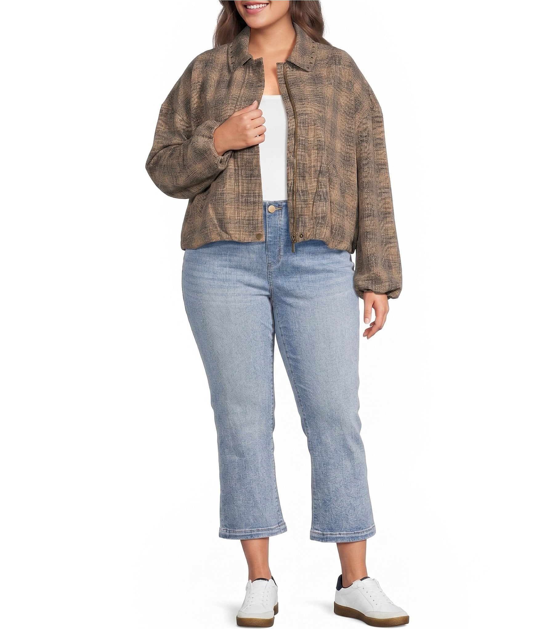 Liverpool Los Angeles Plus Size Ombre Plaid Point Collar Long Sleeve Bubble Hem Jacket