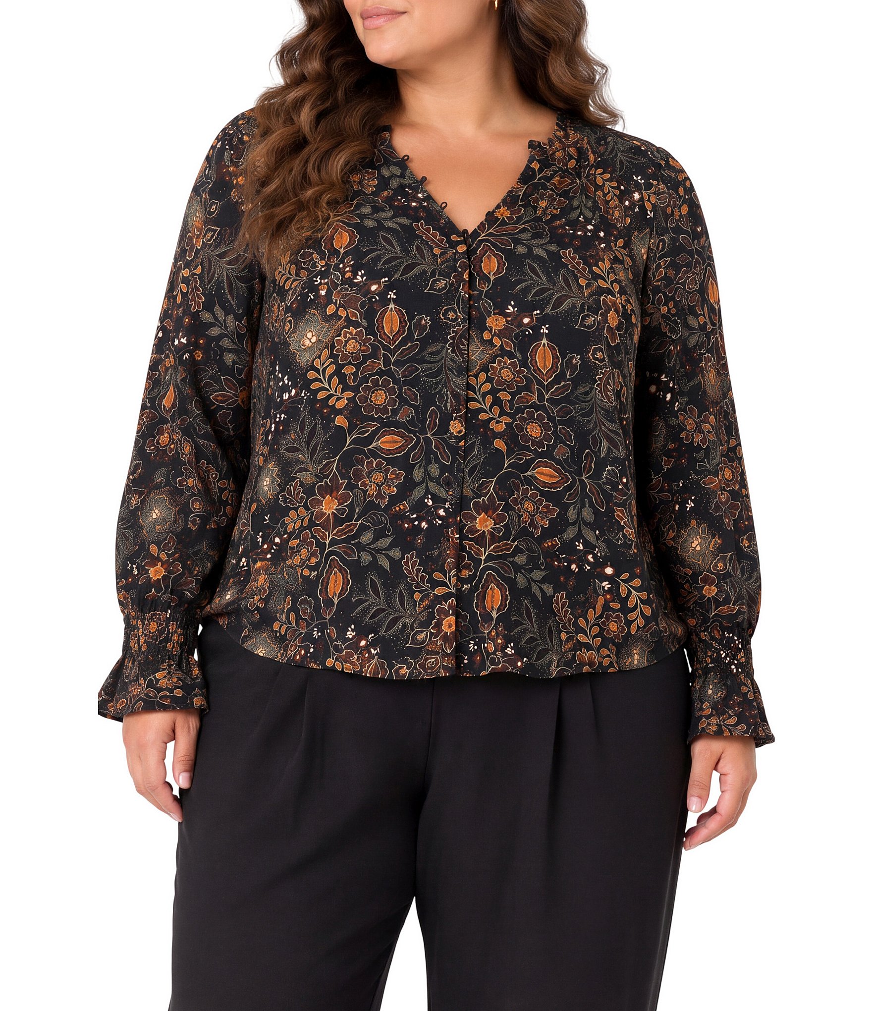 Liverpool Los Angeles Plus Size Sateen V-Neck Long Sleeve Button Front Blouse