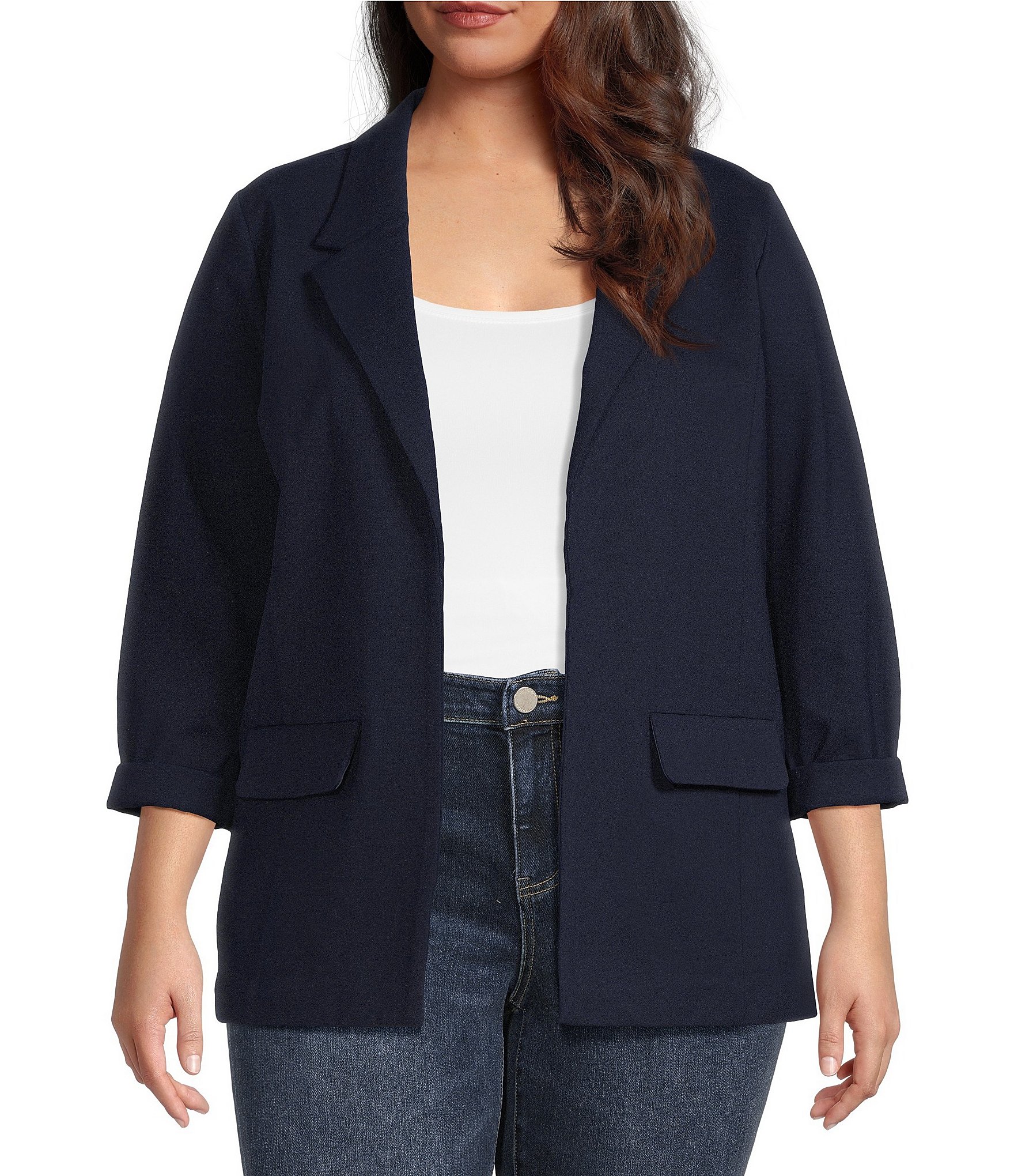 Liverpool Los Angeles Plus Size Stretch Ponte Notch Lapel 3/4 Sleeve Boyfriend Blazer