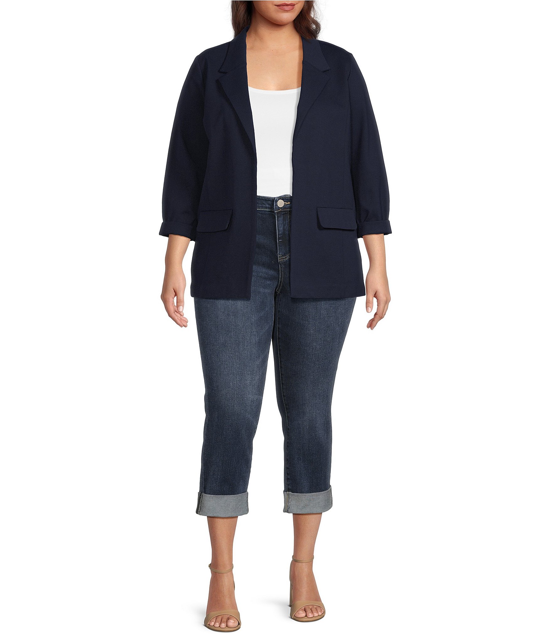 Liverpool Los Angeles Plus Size Stretch Ponte Notch Lapel 3/4 Sleeve Boyfriend Blazer
