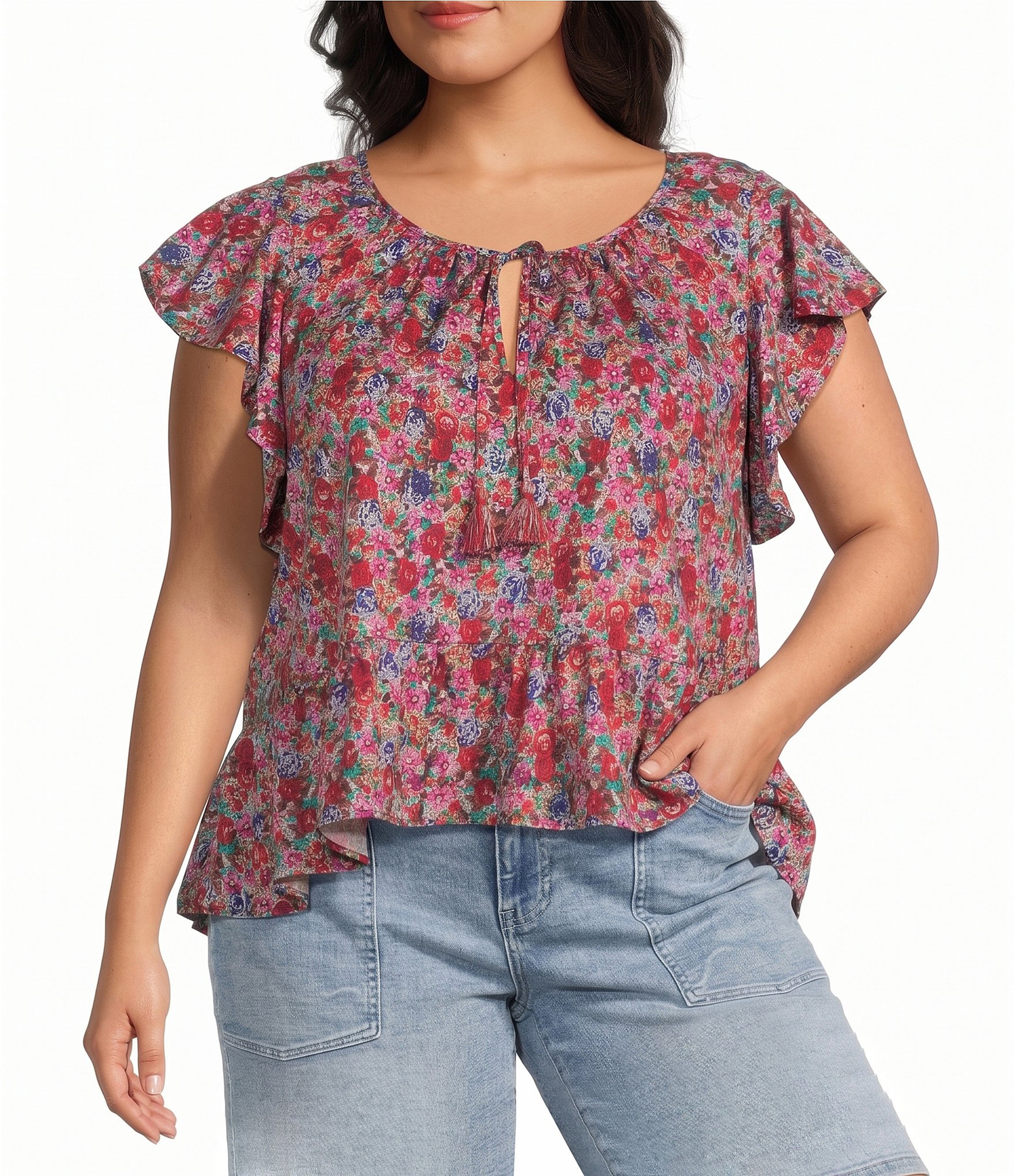 Liverpool Los Angeles Plus Size Stretch Woven Print V-Neck Flutter Sleeve Top