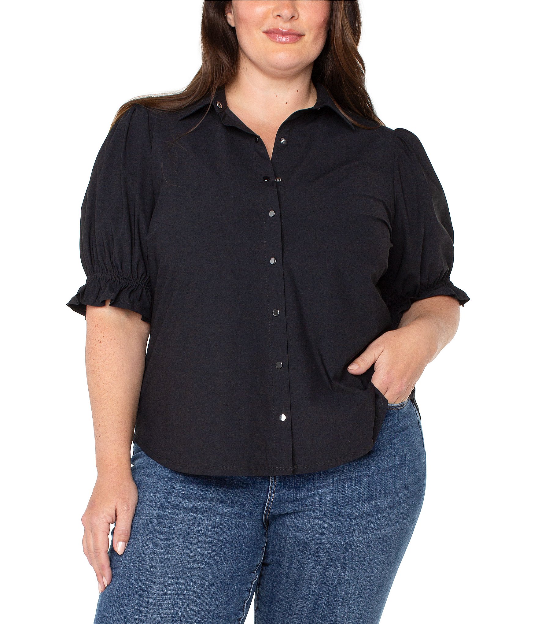 Liverpool Los Angeles Plus Size Tech Knit Point Collar Short Puff Ruffle Cuff Sleeve Button Front Shirt