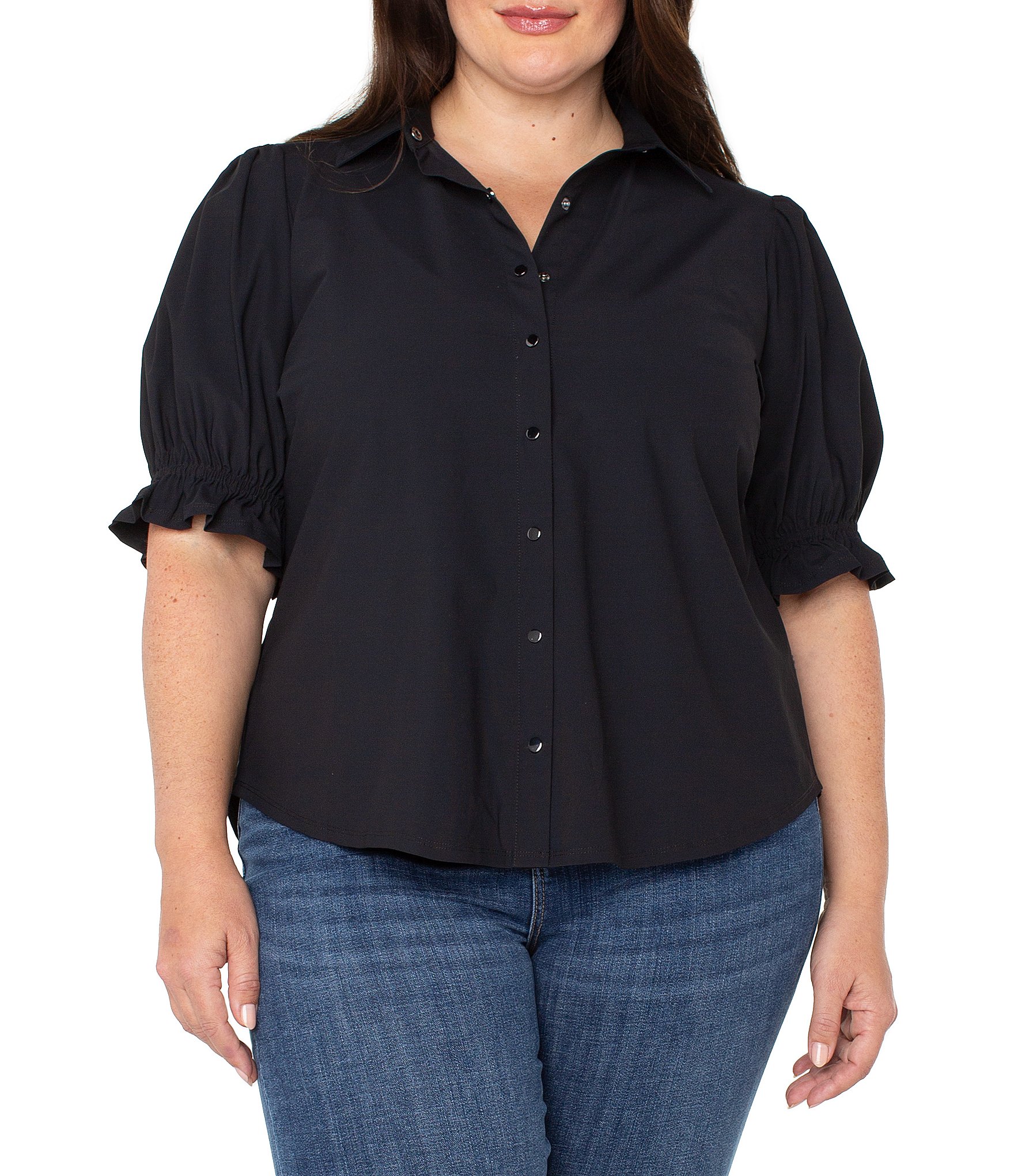 Liverpool Los Angeles Plus Size Tech Knit Point Collar Short Puff Ruffle Cuff Sleeve Button Front Shirt