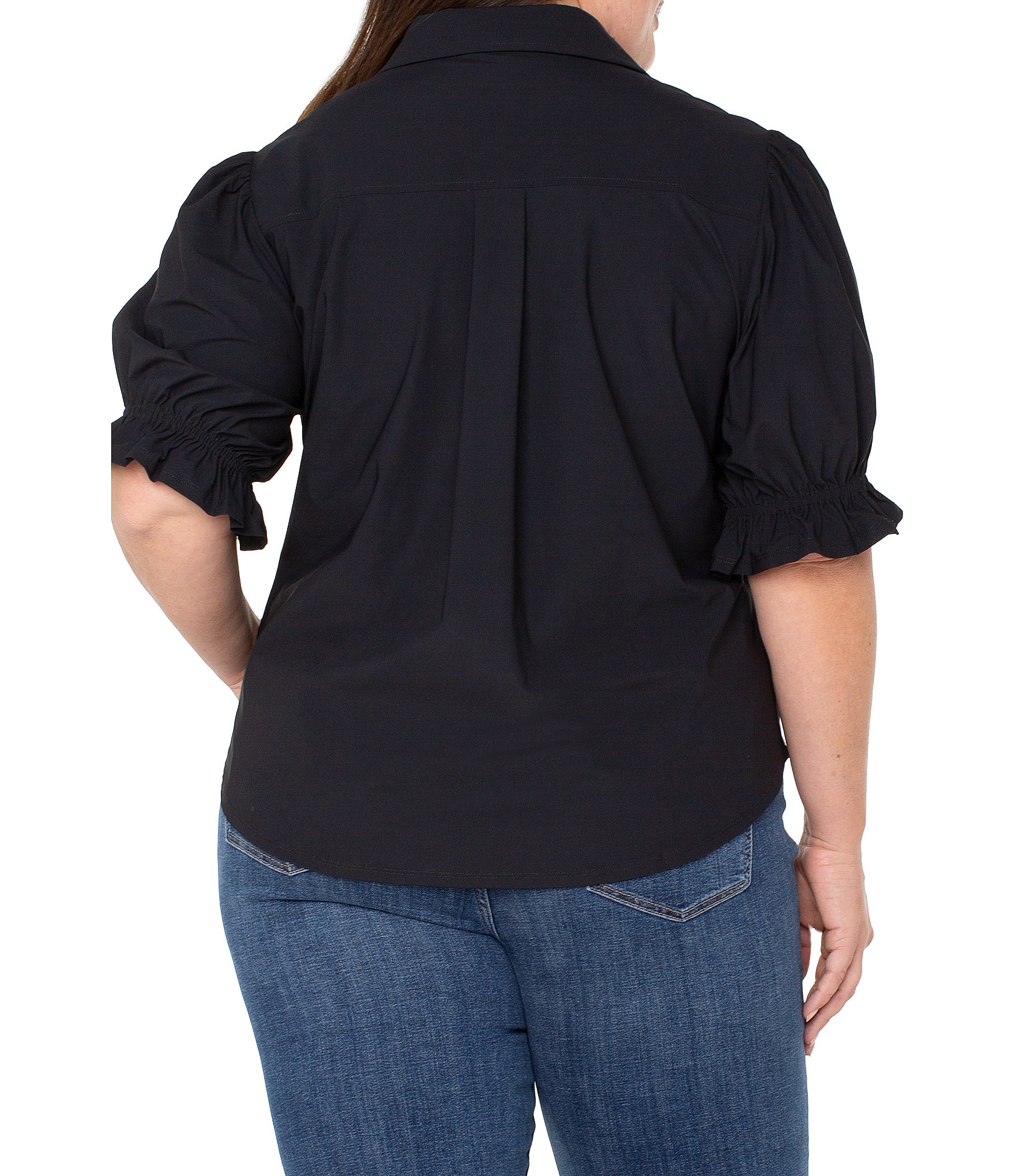 Liverpool Los Angeles Plus Size Tech Knit Point Collar Short Puff Ruffle Cuff Sleeve Button Front Shirt