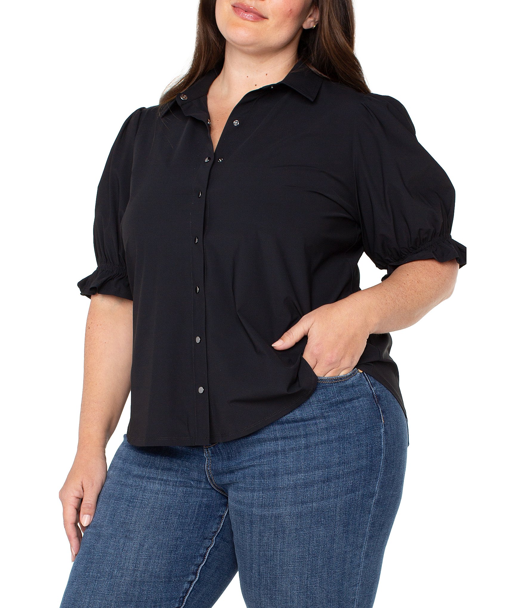 Liverpool Los Angeles Plus Size Tech Knit Point Collar Short Puff Ruffle Cuff Sleeve Button Front Shirt