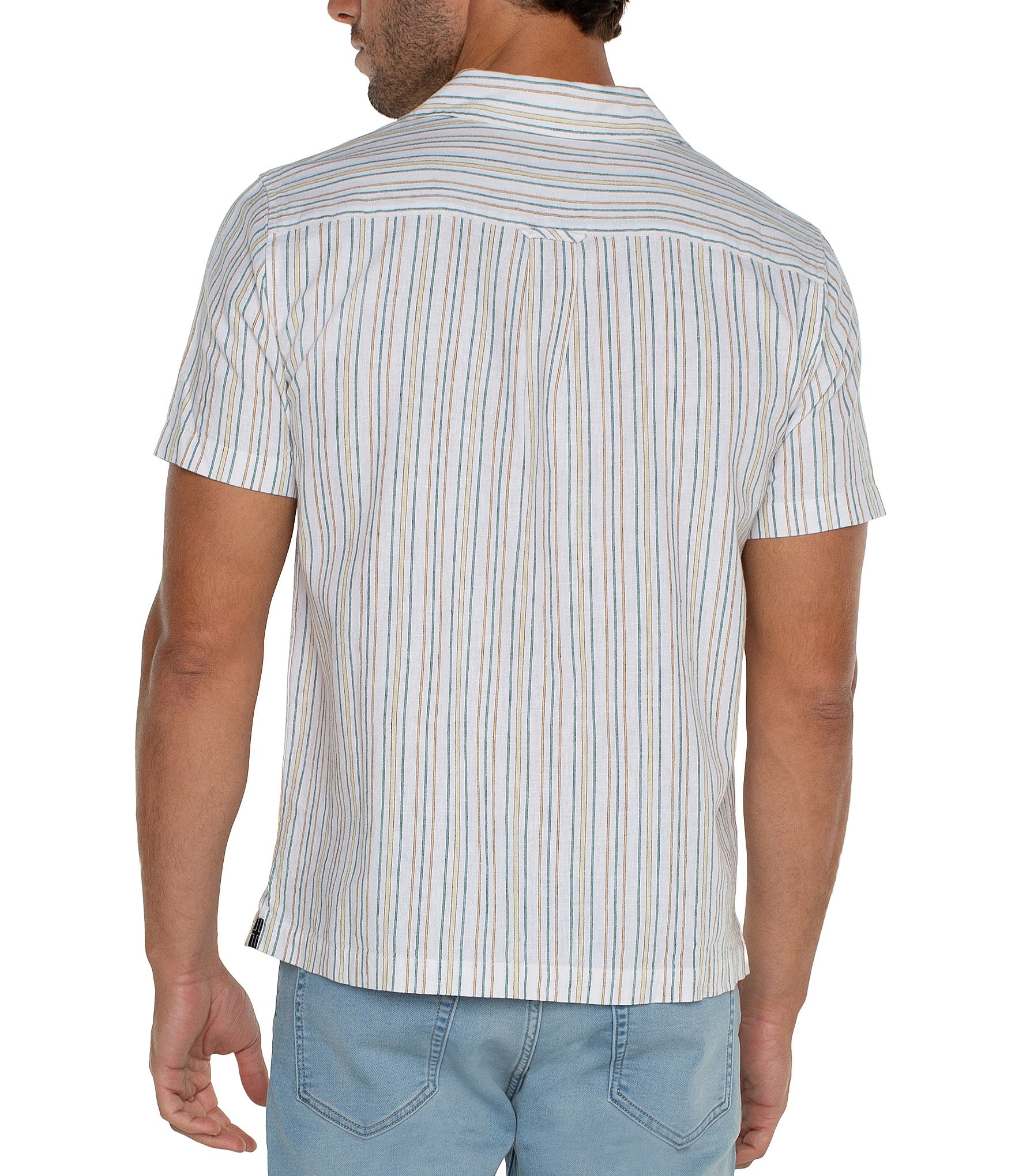 Liverpool Los Angeles Short Sleeve Striped Linen-Blend Camp Shirt