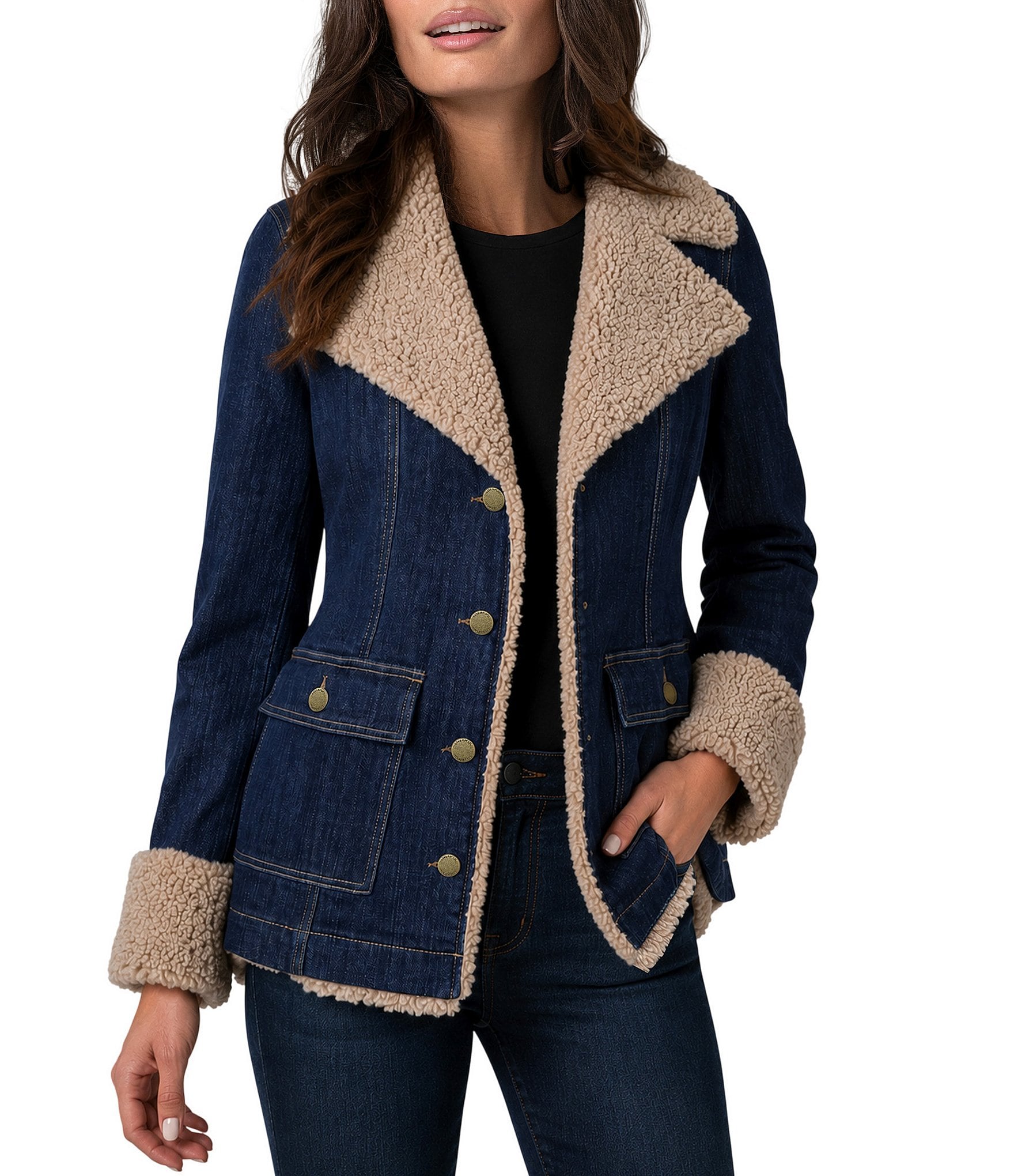 Liverpool Los Angeles Stretch Denim Oversized Notch Collar Long Sleeve Sherpa Trim Jacket