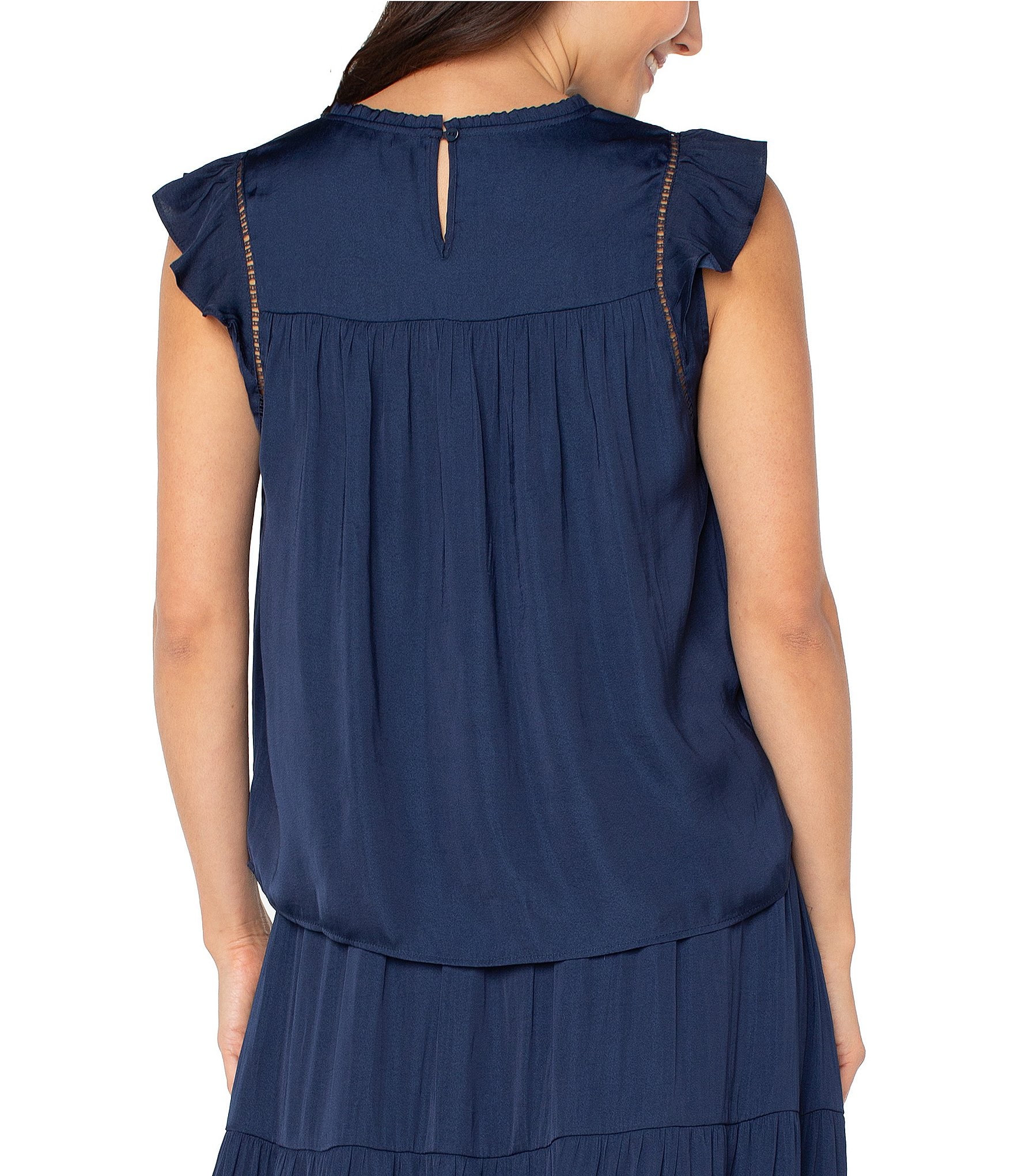 Liverpool Los Angeles Textured Sateen Crew Neck Cap Flutter Sleeve Top