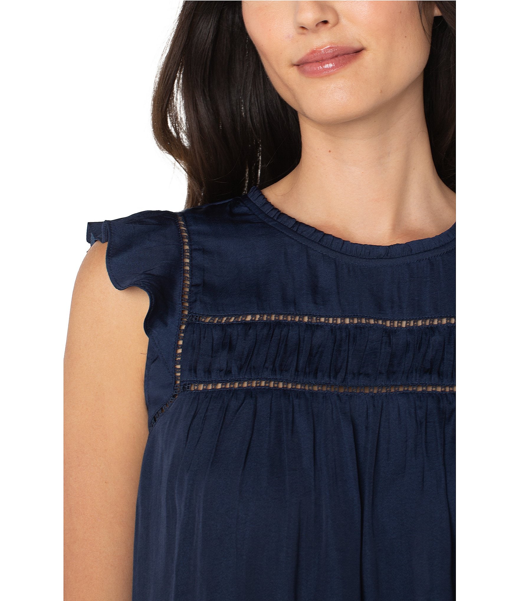 Liverpool Los Angeles Textured Sateen Crew Neck Cap Flutter Sleeve Top
