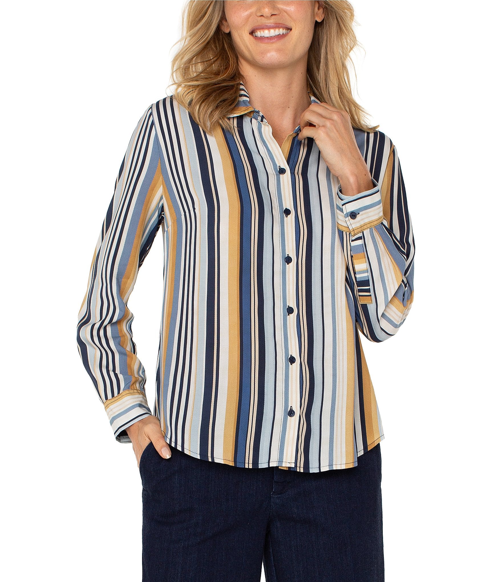 Liverpool Los Angeles Vertical Stripe Spread Collar Long