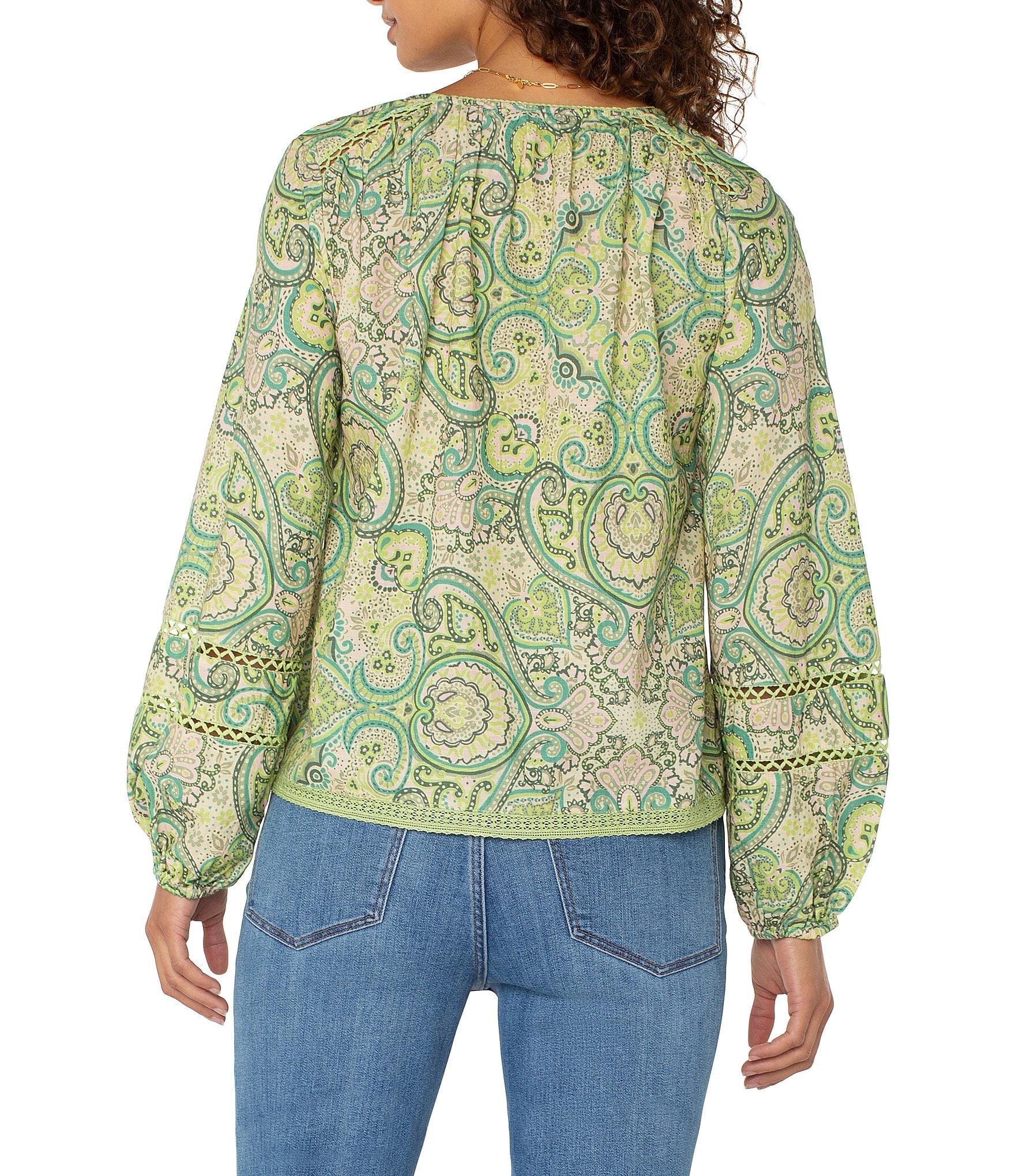 Liverpool Los Angeles Woven Paisley Print V-Neck Long Sleeve Shirred Blouse