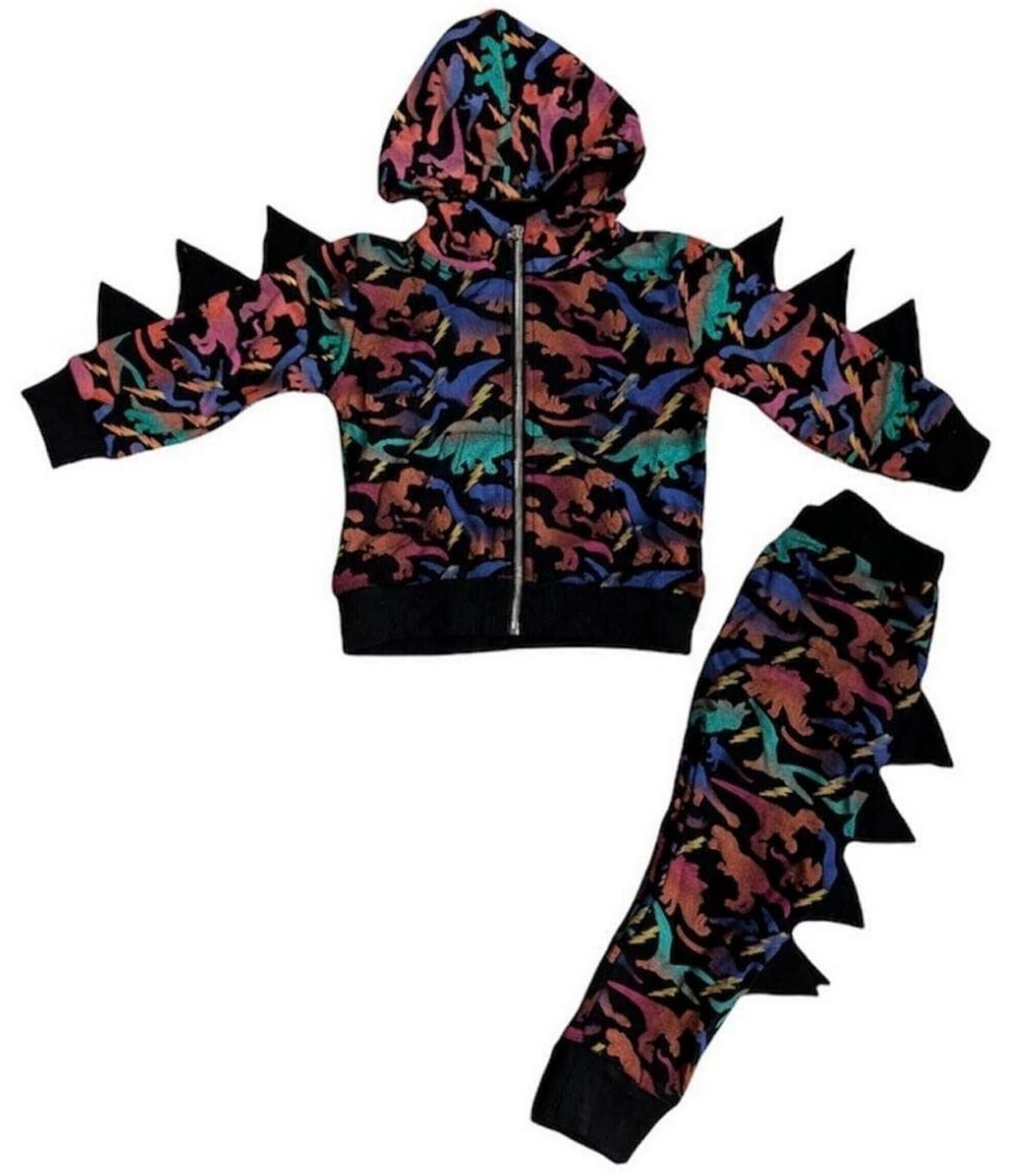 Lola + The Boys Little/Big Boys Long Sleeve Zip Front Hoodie Neon Dino & Matching Jogger Pants Tracksuit Set