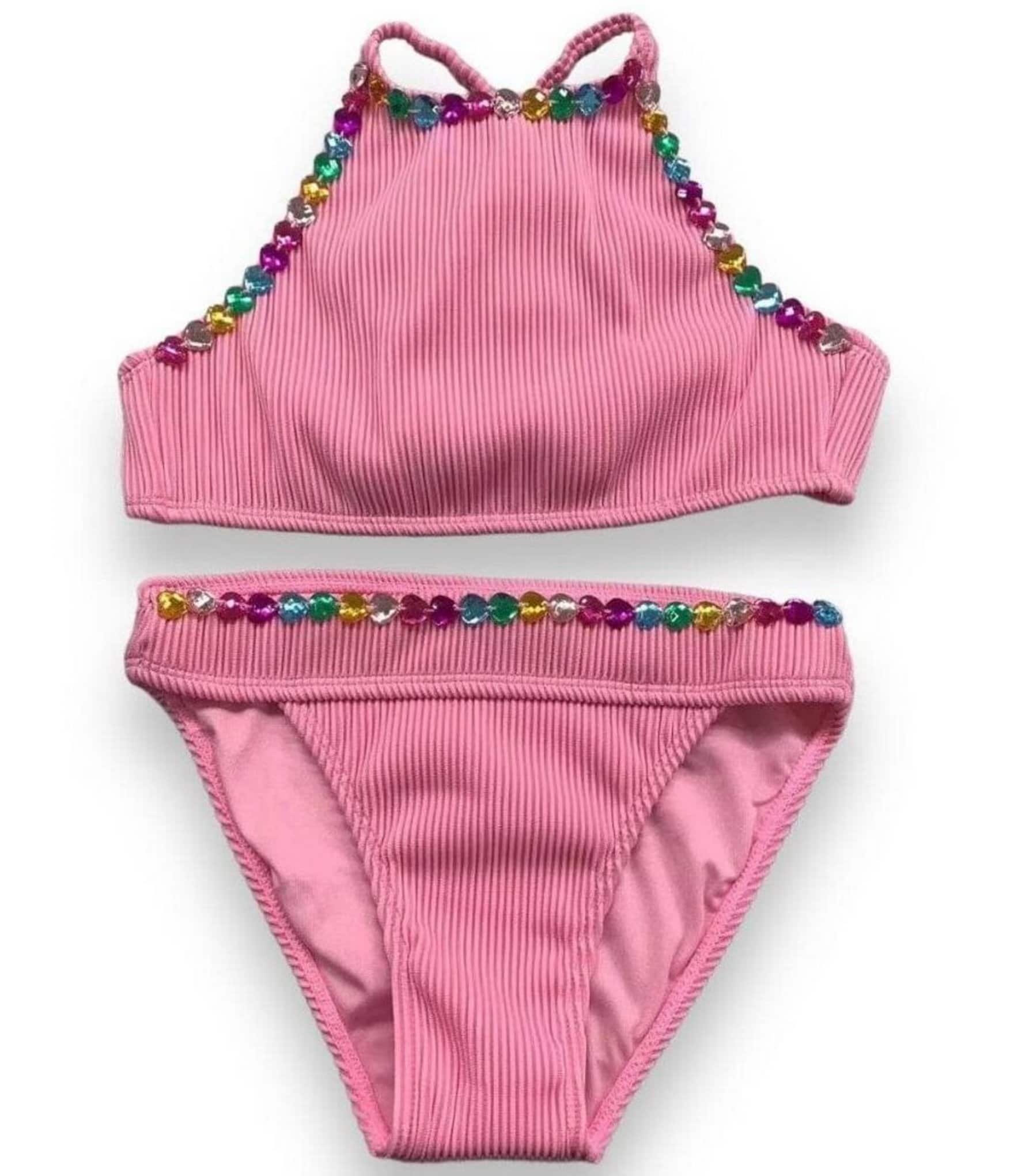 Lola + The Boys Little/Big Girls Heart Gem High Neck Ribbed Top & Bikini Bottoms 2-Piece Swimsuit