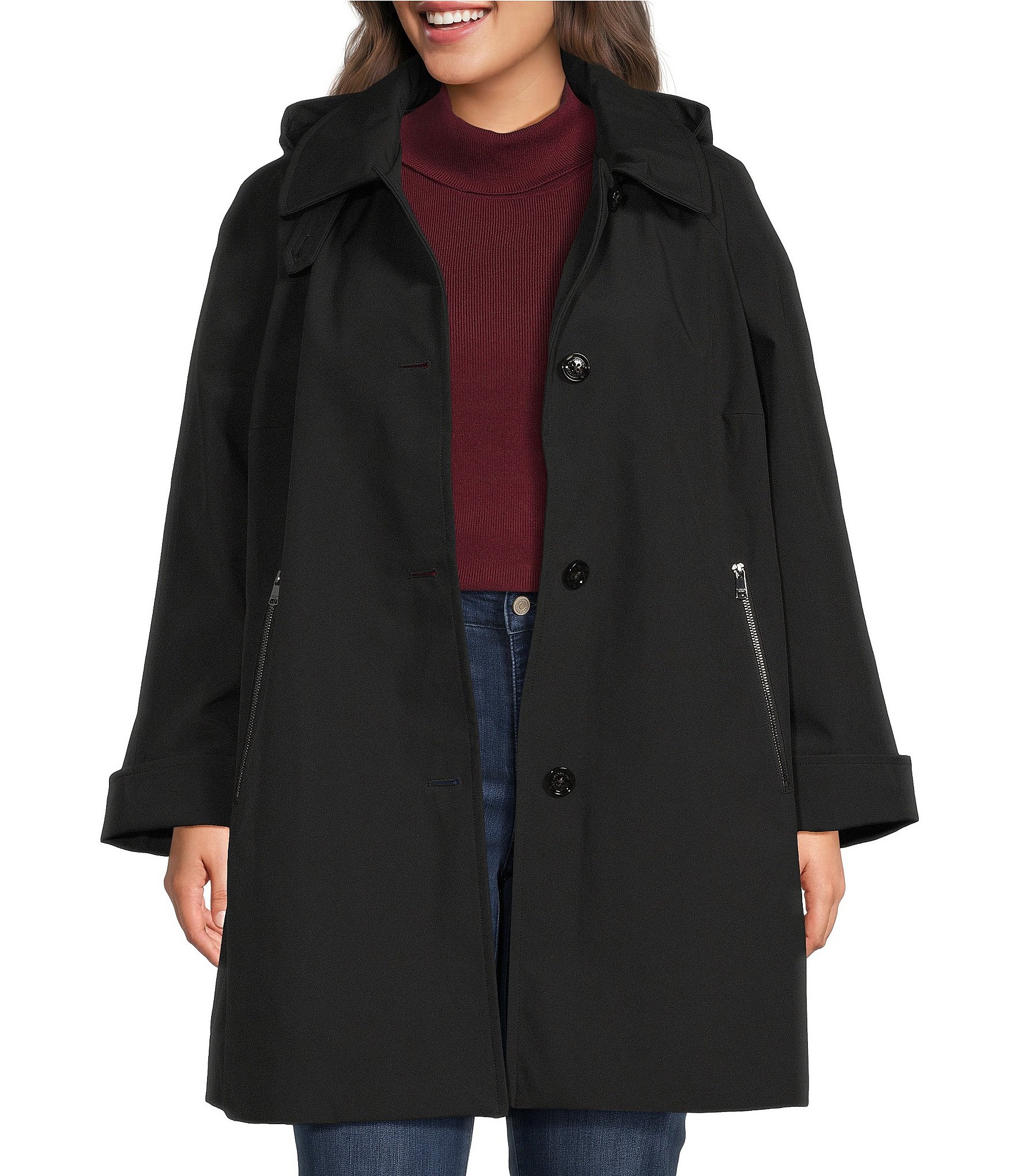 London Fog Plus Size Hooded Point Collar Single Breasted Reglan A-Line Walker Coat