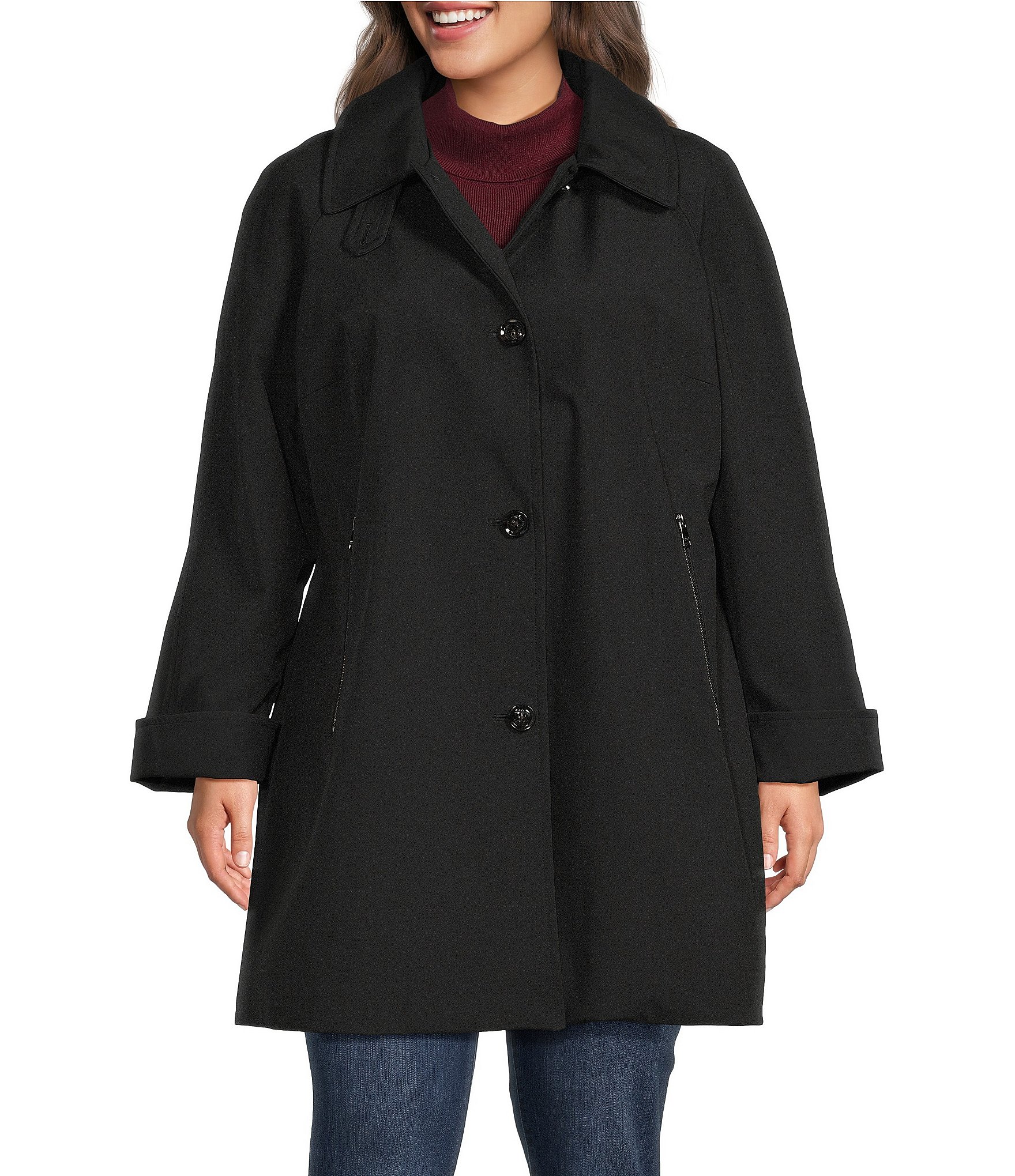 London Fog Plus Size Hooded Point Collar Single Breasted Reglan A-Line Walker Coat