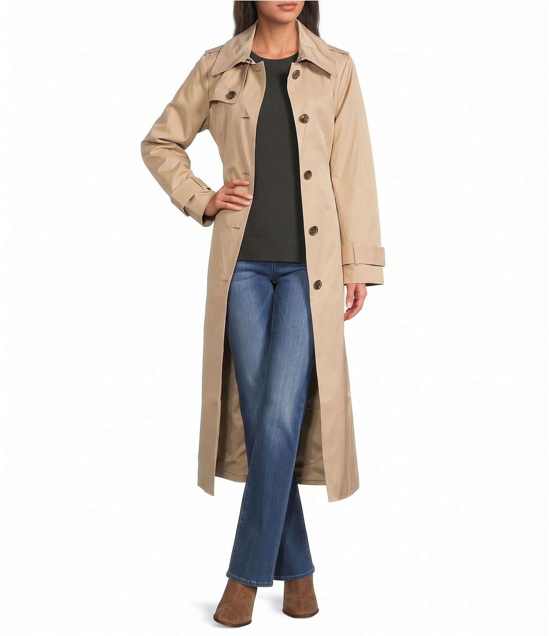 London Fog Point Collar Hooded Belted Button Front Maxi Trench Coat