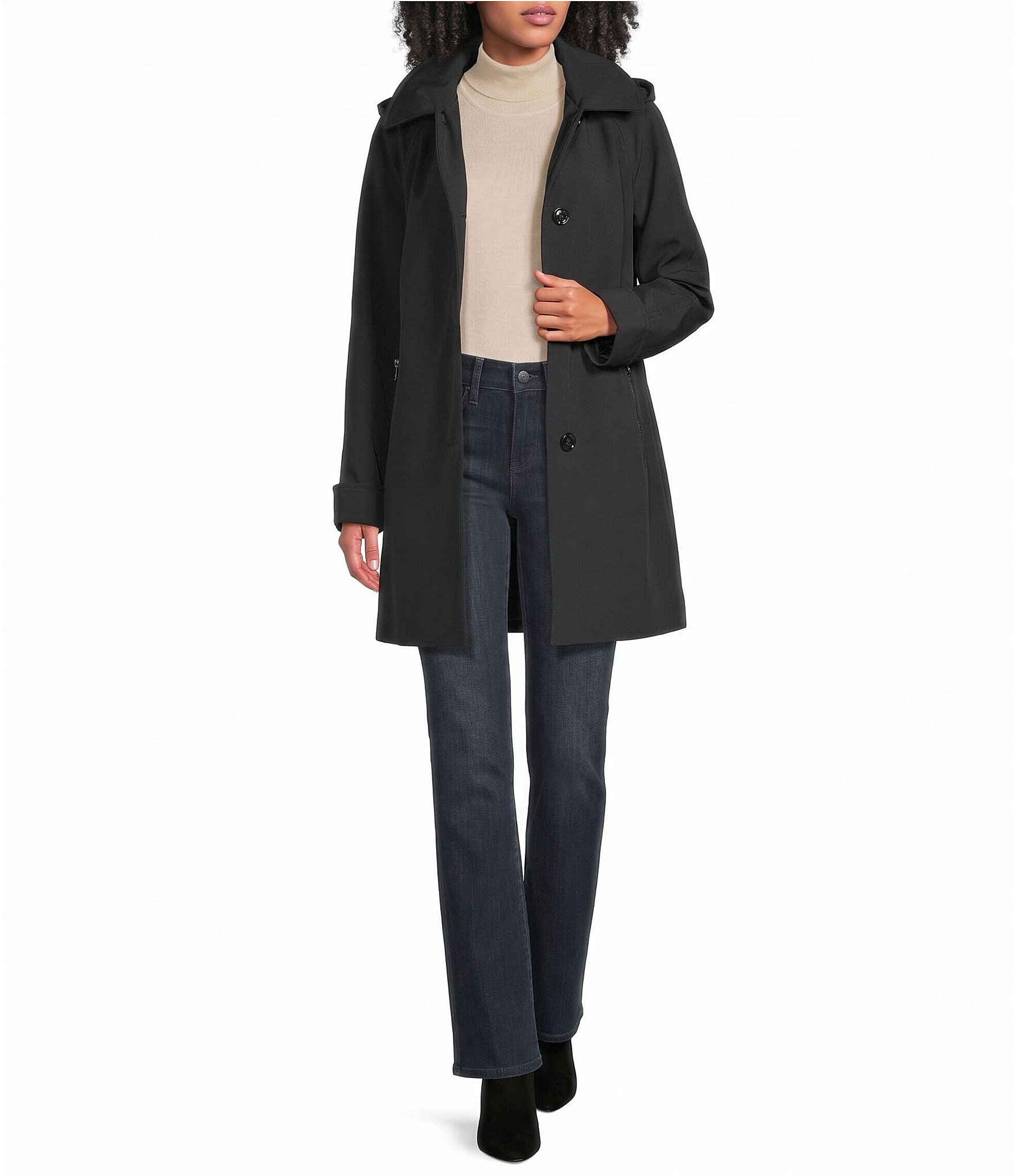 London Fog Point Collar Hooded Button Front A-Line Raglan Single Breasted Coat