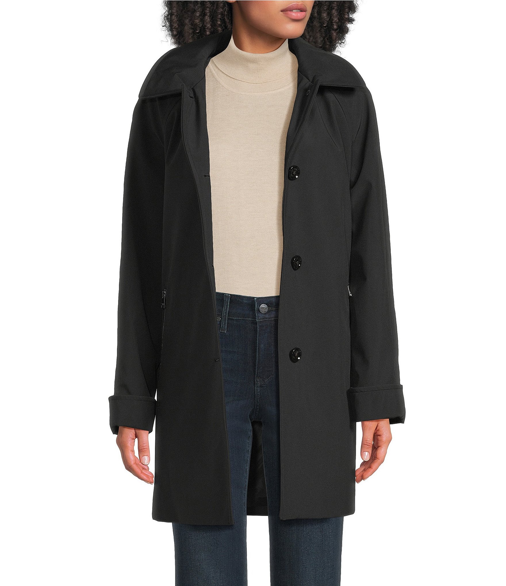 London Fog Point Collar Hooded Button Front A-Line Raglan Single Breasted Coat