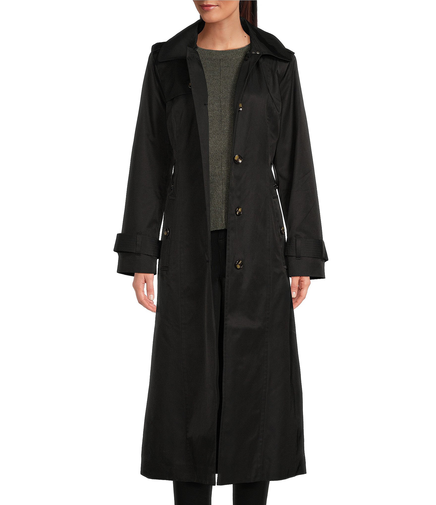 London Fog Single Breasted Hooded Belted Maxi Trench Rain Coat | Dillard's