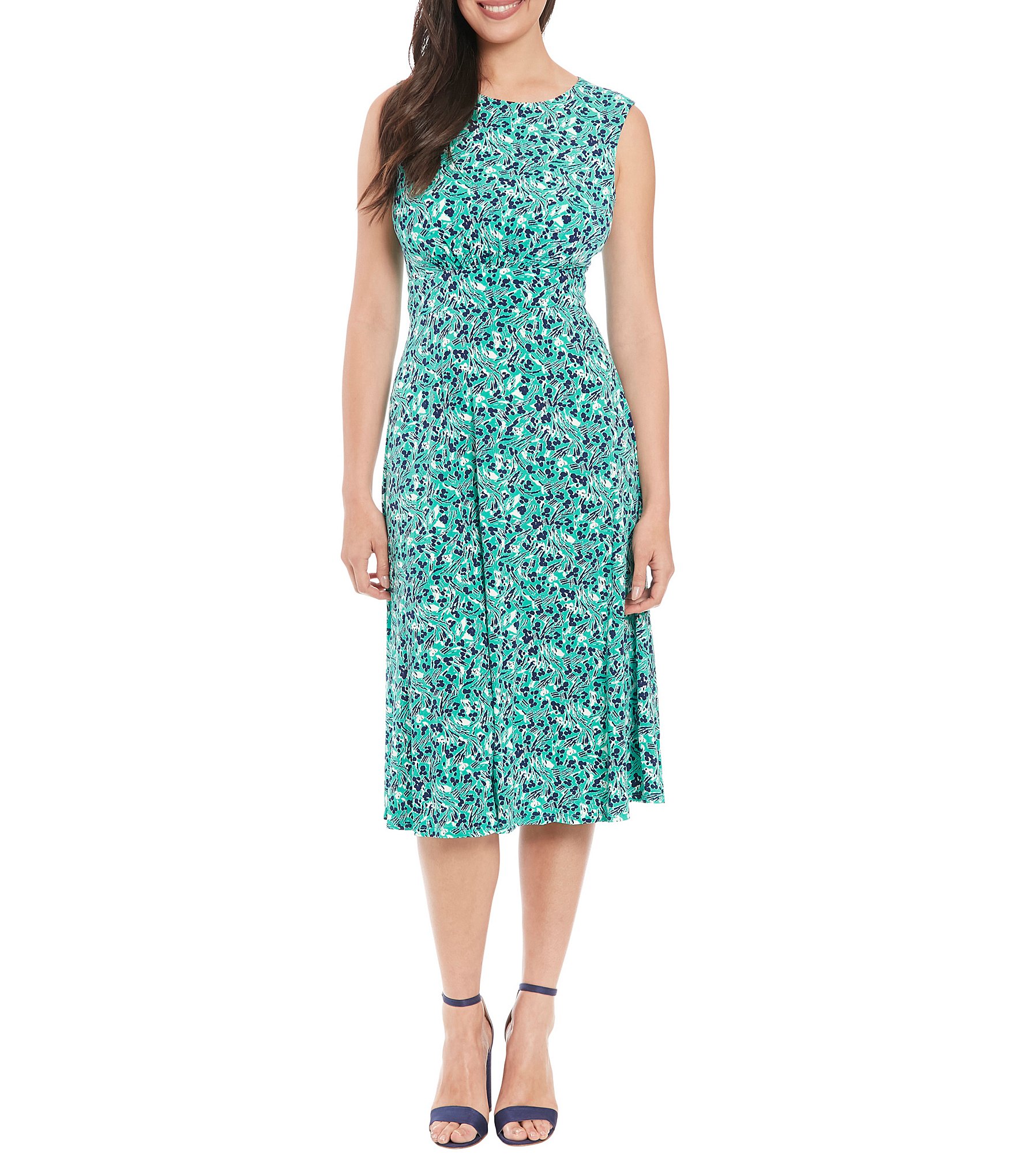 London Times Crew Neck Sleeveless Fit and Flare Midi Dress | Dillard's