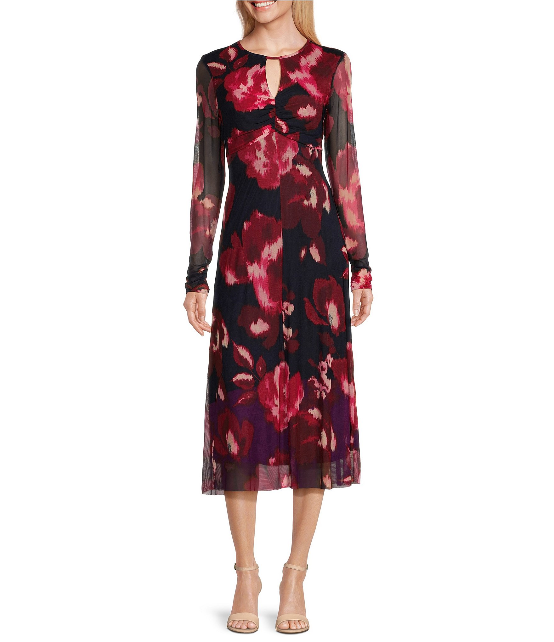 London Times Keyhole Neck Long Sleeve Floral Print Mesh Dress | Dillard's