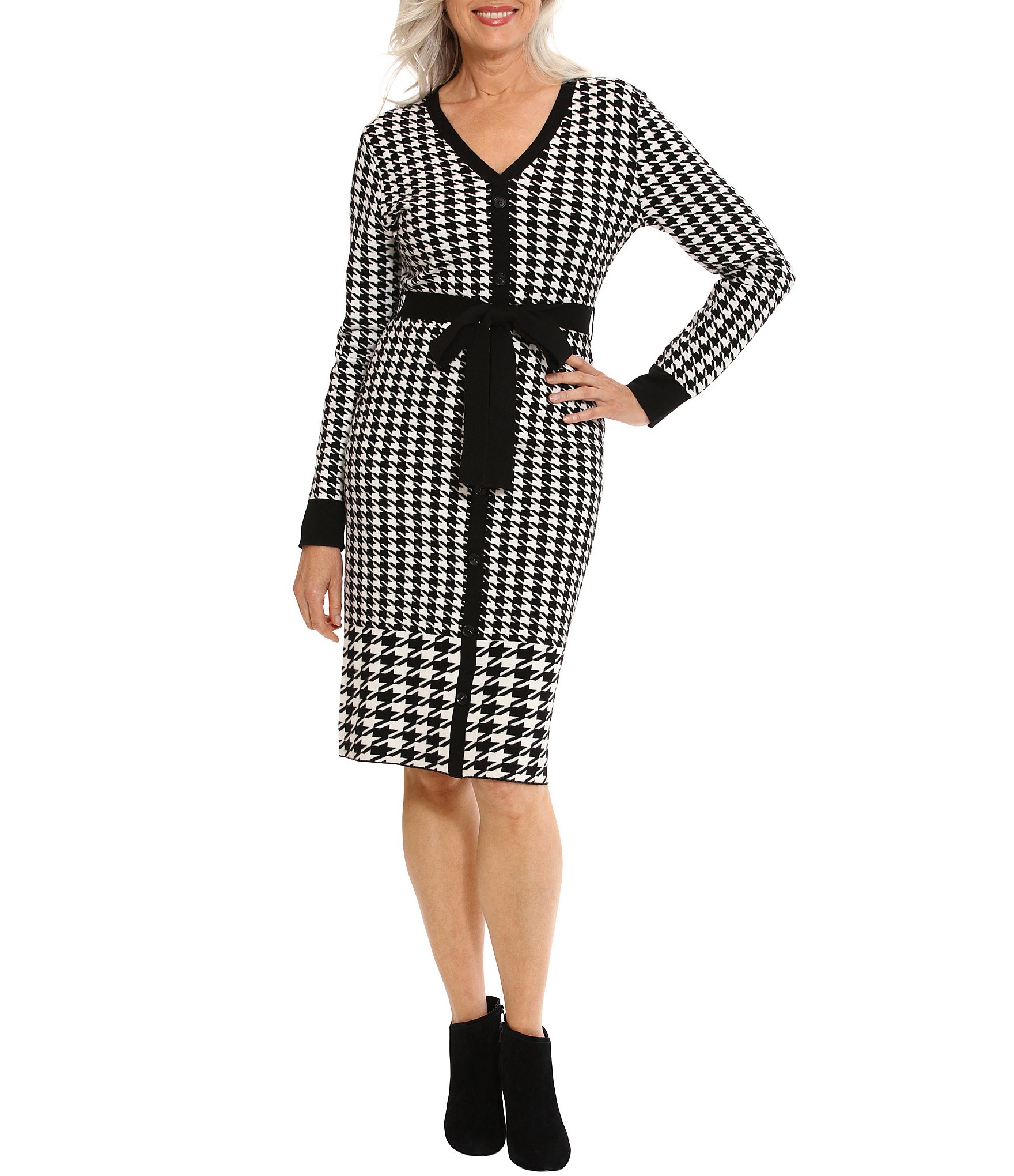 London Times Long Sleeve V-Neck Self Tie Houndstooth Sweater Dress
