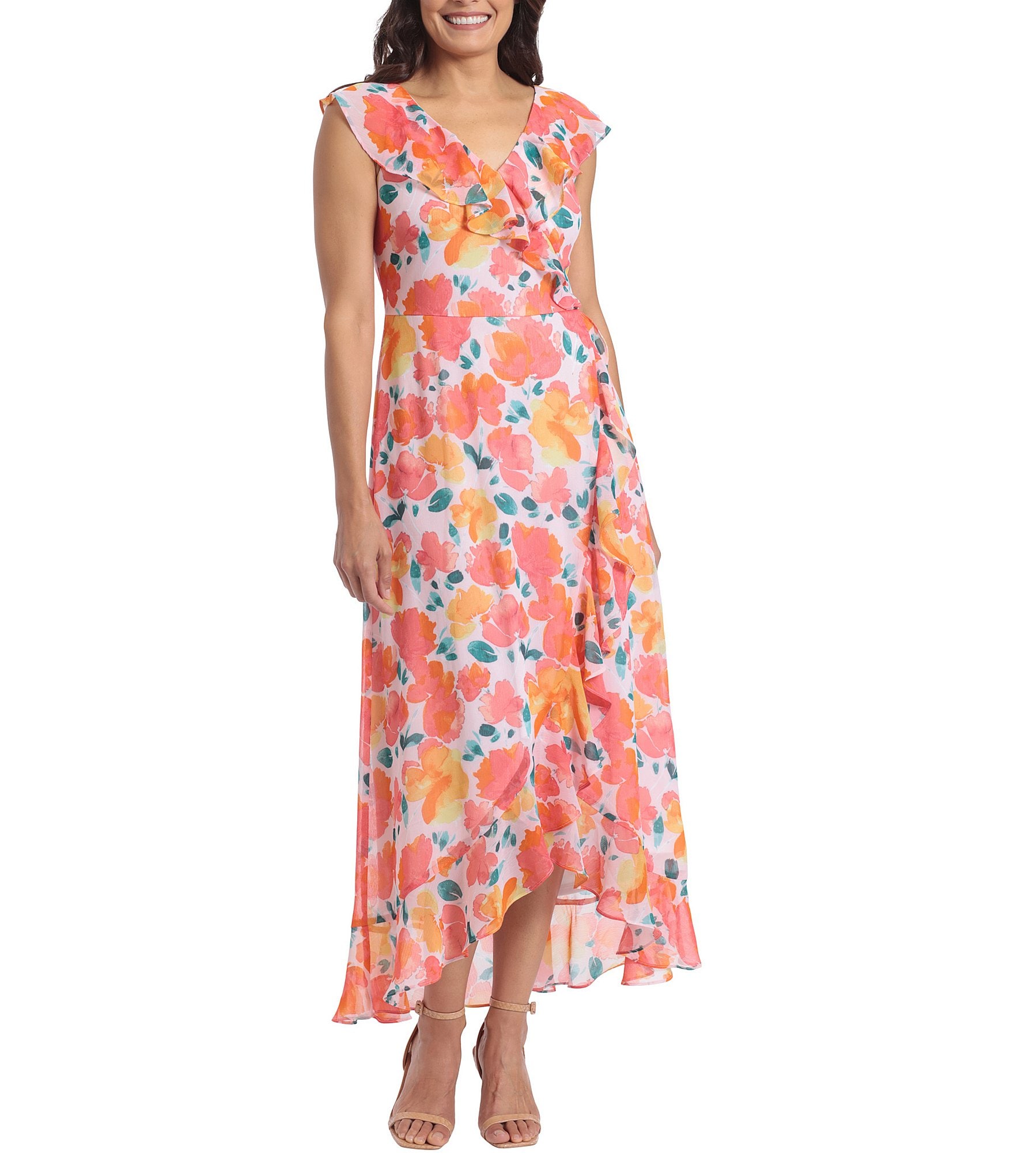 London Times Petite Size Floral Print Sleeveless V-Neck High-Low Tulip Hem  Maxi Dress | Dillard's