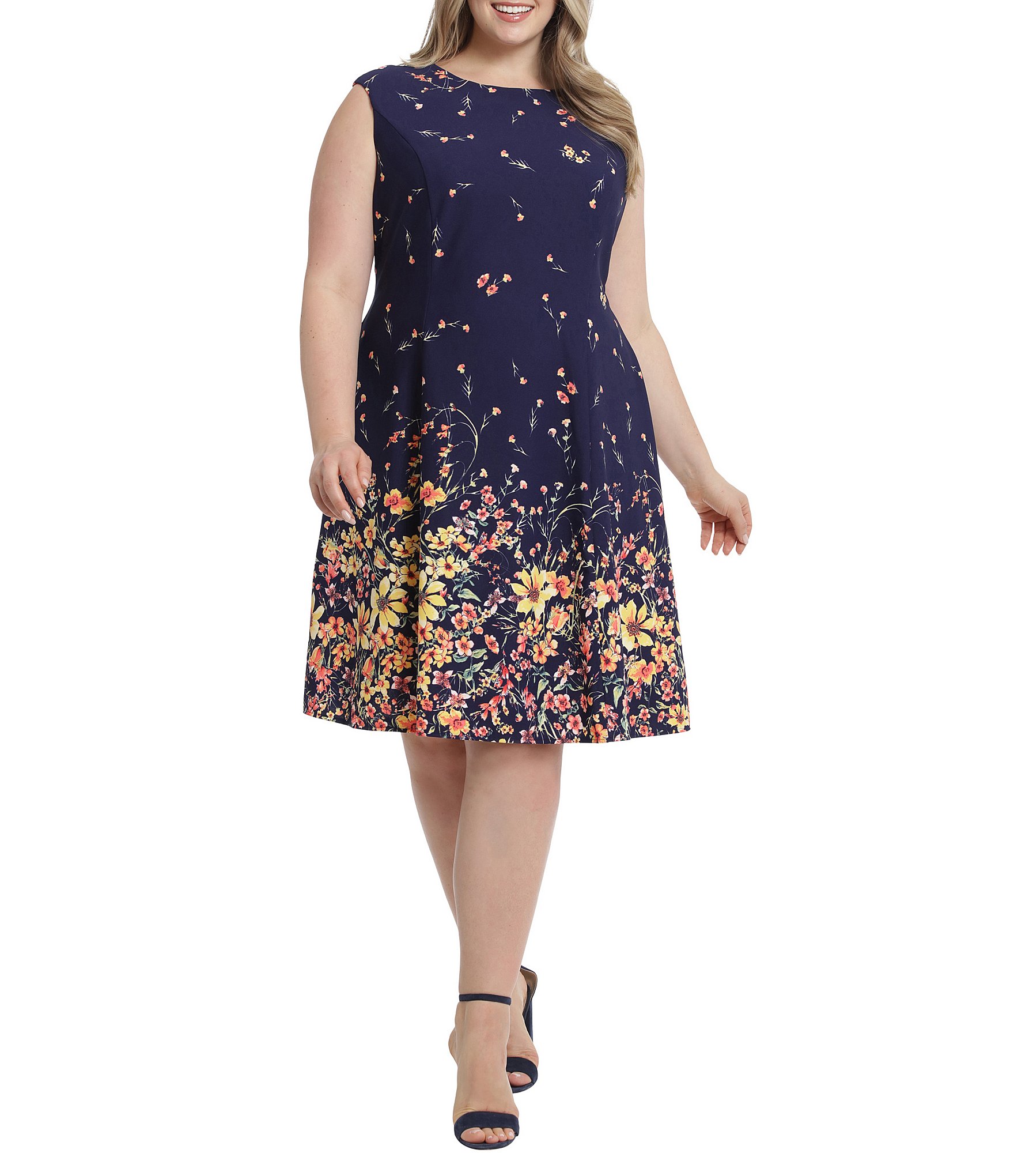 London Times Plus Size Floral Print Cap Sleeve Fit and Flare Dress ...