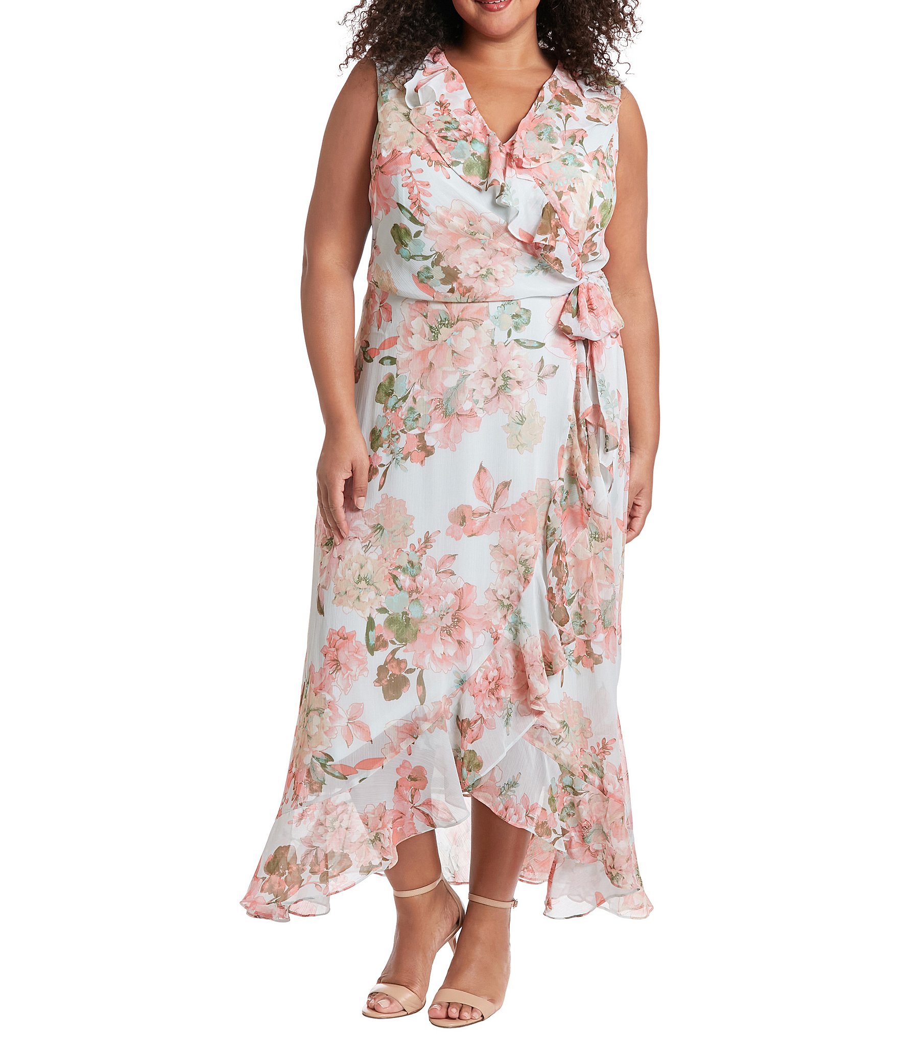 London Times Plus Size Floral Print Surplice V Neck Ruffled Hem Faux Wrap Dress Dillards 9307