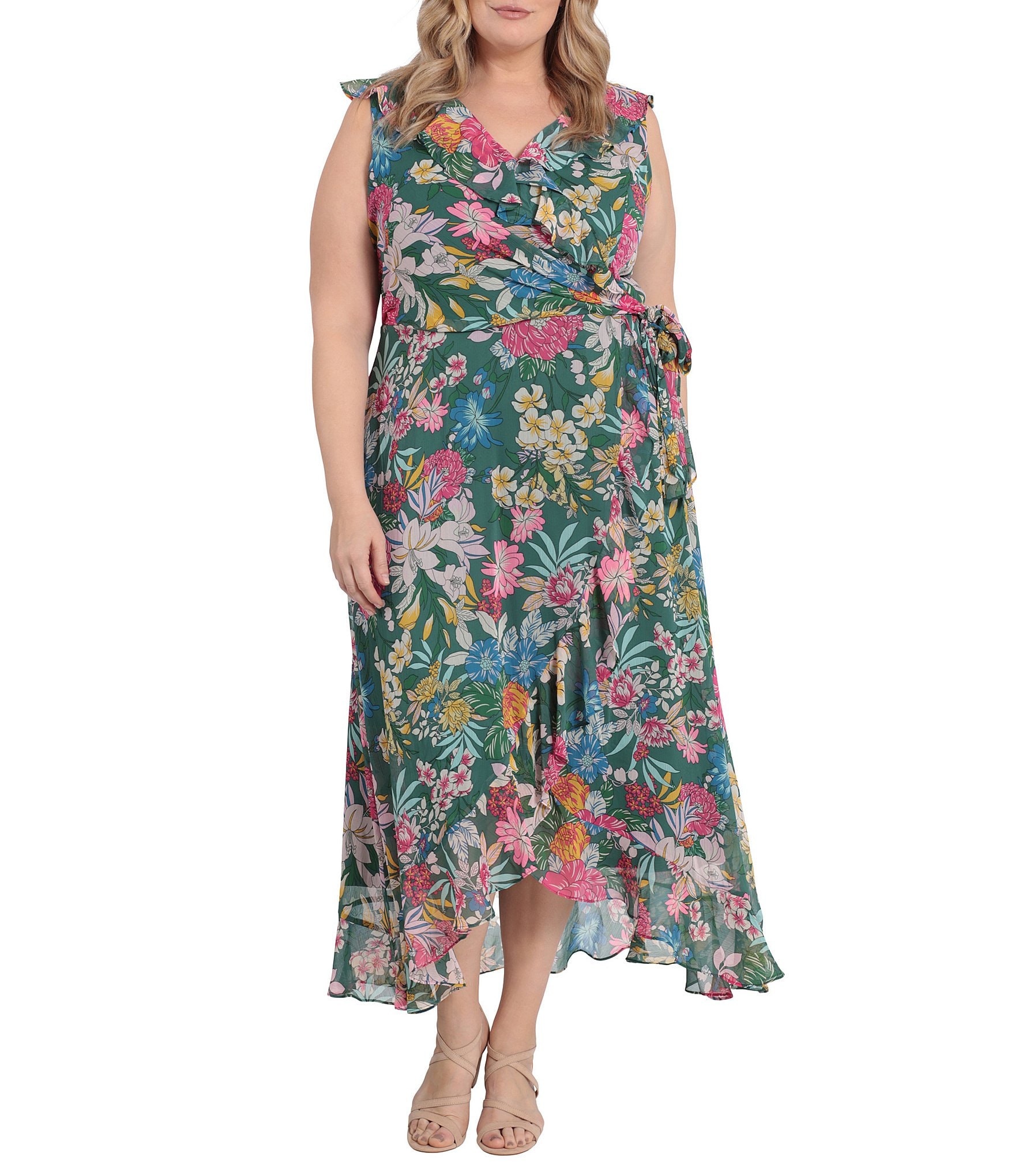 London Times Plus Size Floral Print Surplice V-Neck Ruffled Hem Maxi ...