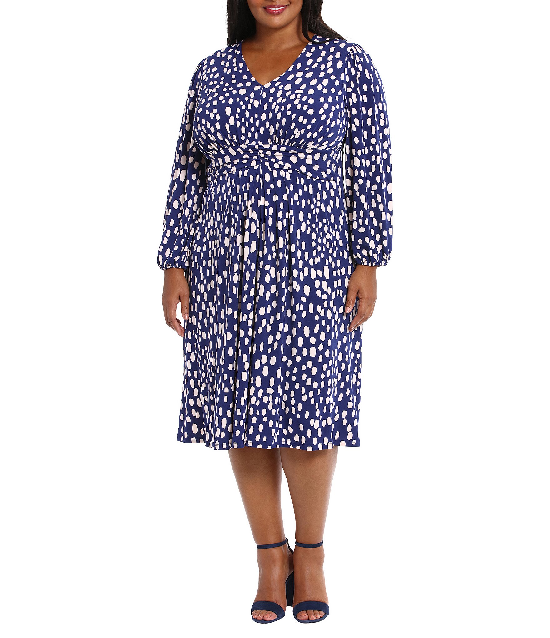 London Times Plus Size Long Sleeve V-Neck Ruched Waist Printed Midi ...