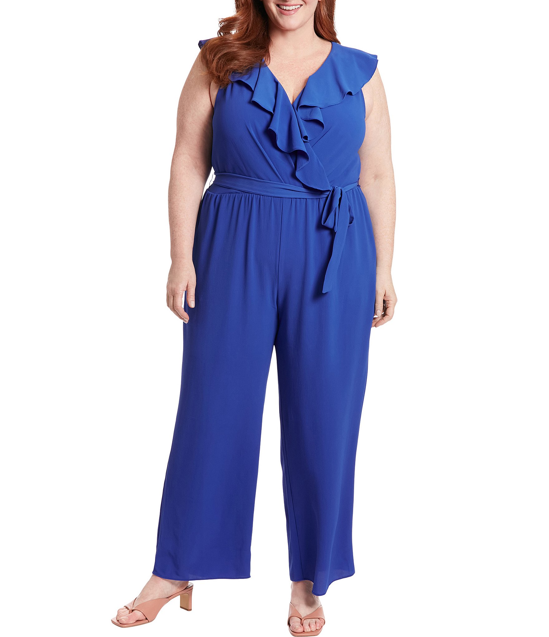 London Times Plus Size Sleeveless Ruffle V-Neck Tie Waist Jumpsuit