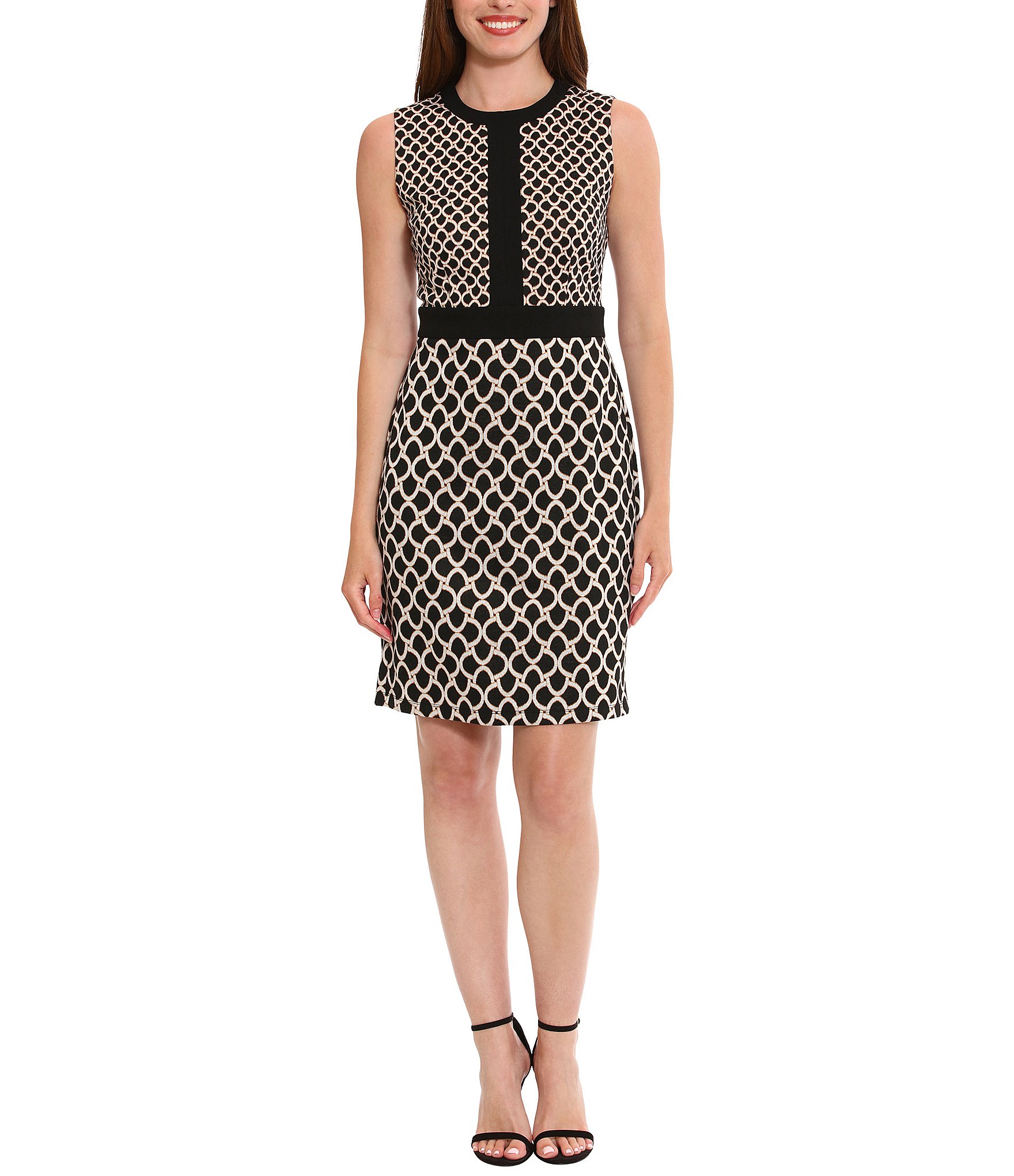 London Times Sleeveless Crew Neck Printed Sheath Dress | Dillard's