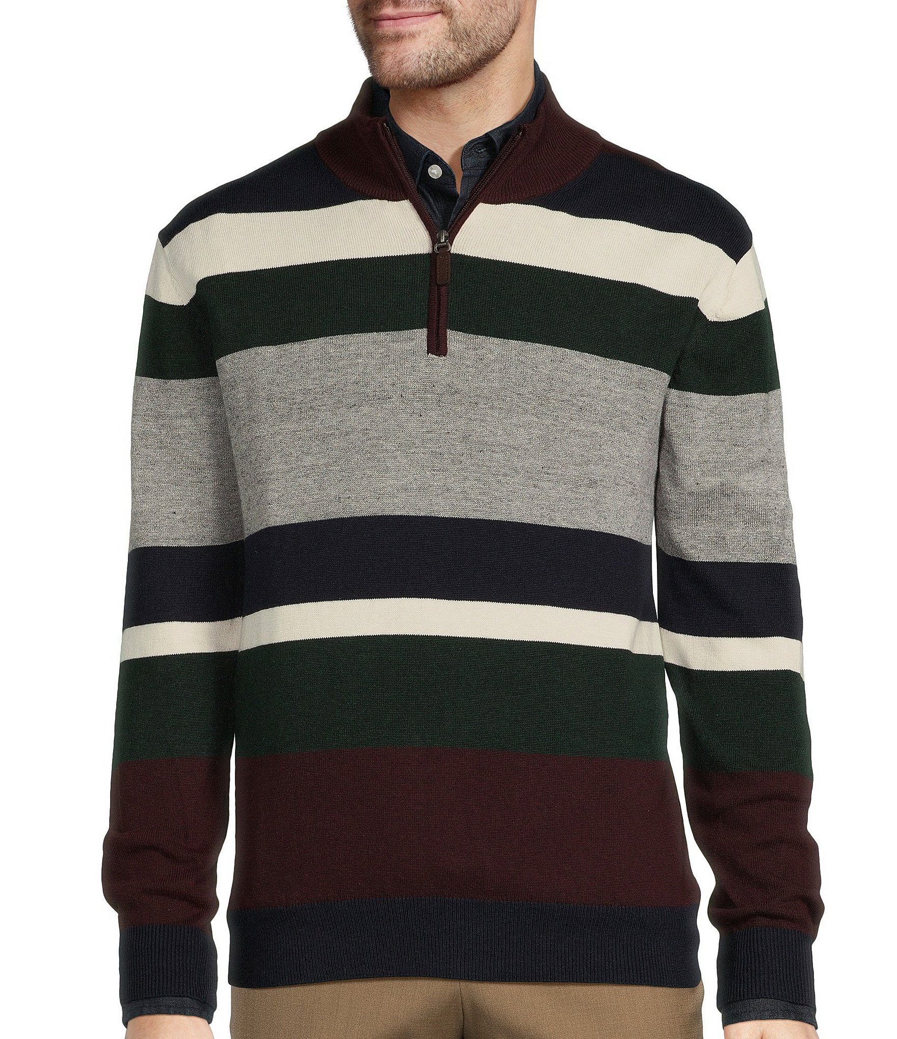 Roundtree & Yorke Long Sleeve Multi Stripe Quarter Zip Sweater | Dillard's