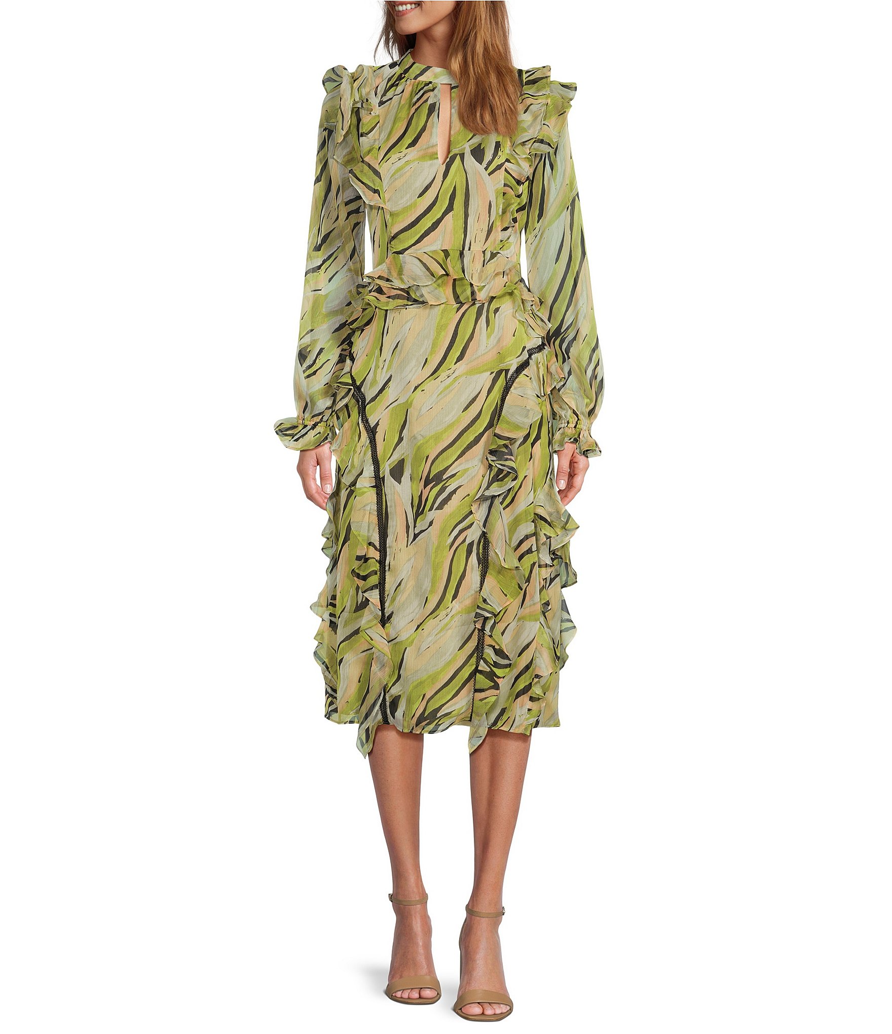 Lost + Wander Printed Mock Neck Long Sleeve Ruffle Midi Dress | Dillard's