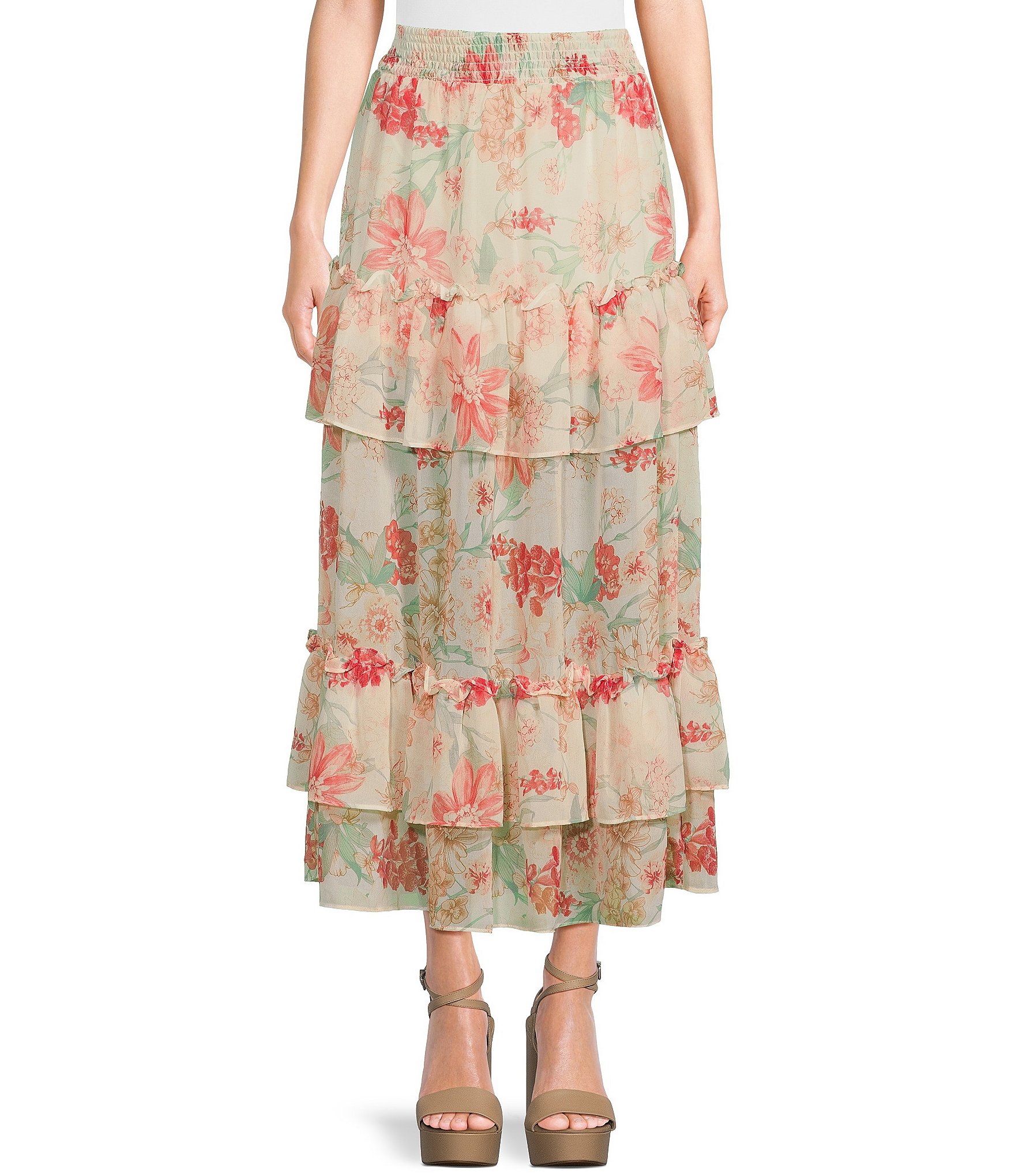 Love & Piece Floral High Rise Smocked Waist Tiered Maxi Skirt | Dillard's