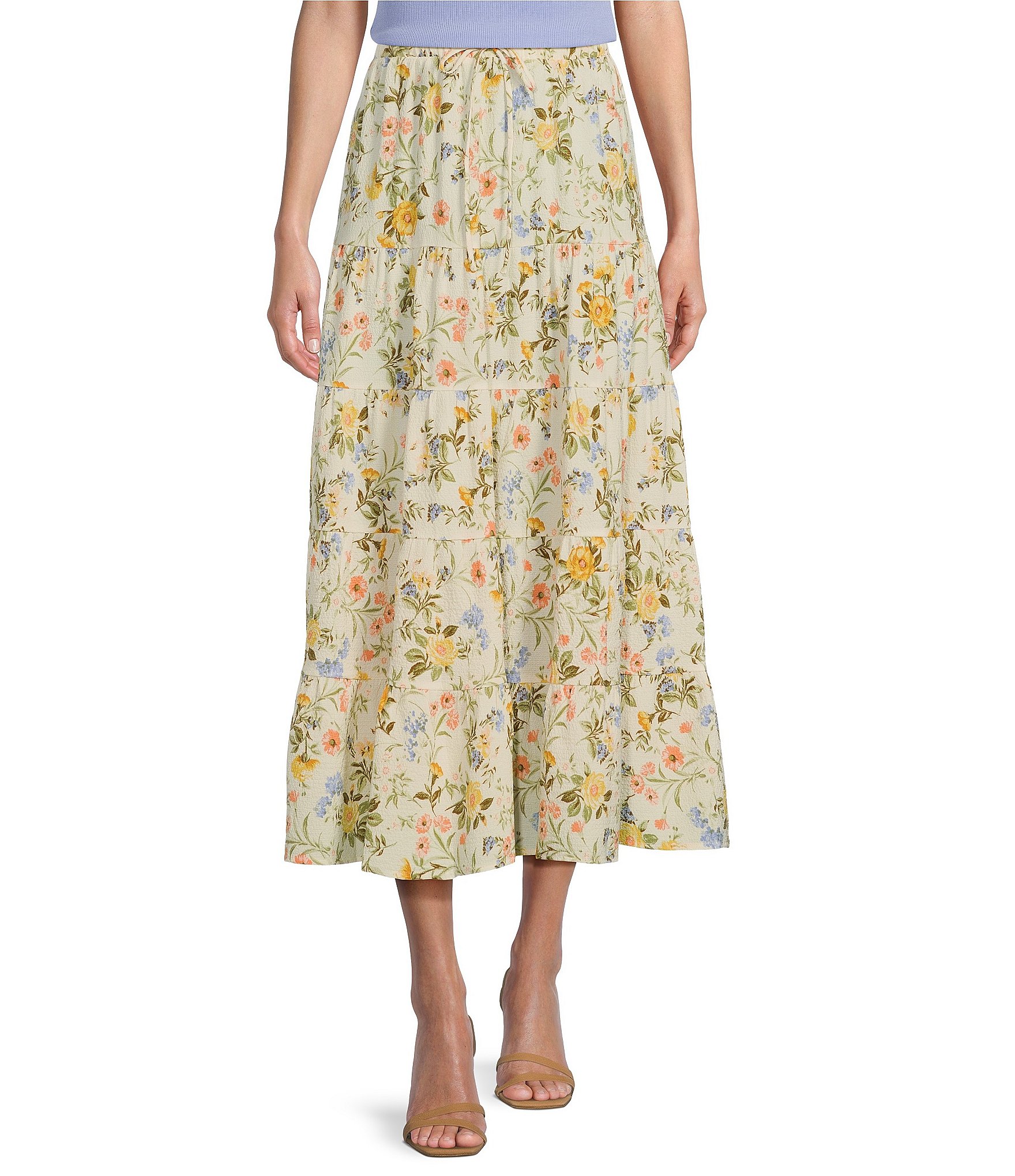 Love & Piece High Rise Floral Print Tie Waist Tiered Midi Skirt | Dillard's
