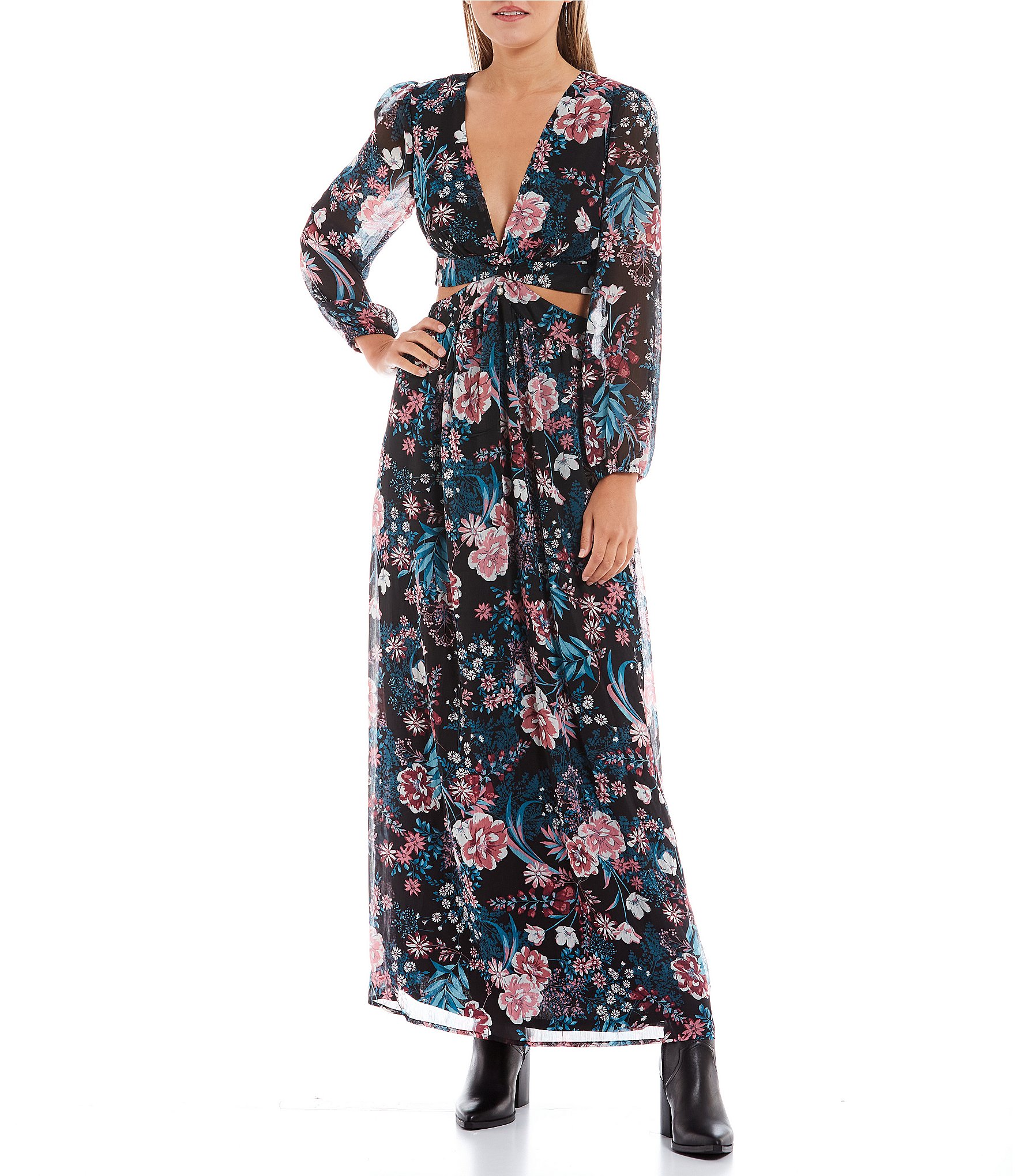 Love & Piece Long Sleeve Side Cut Out Floral Maxi Dress