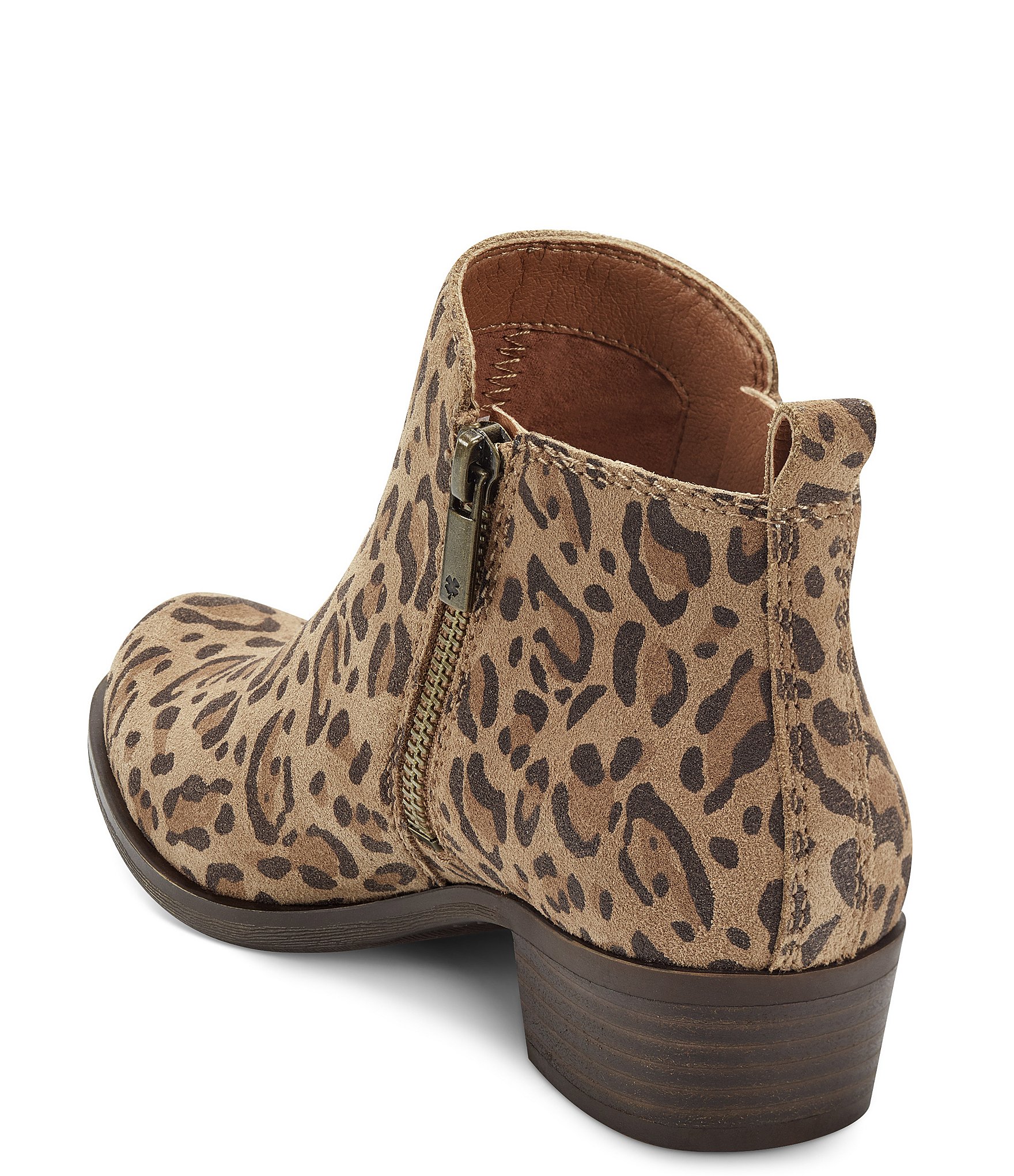 Lucky Brand Basel Leopard Printed Leather Side Zip Block Heel Ankle Booties